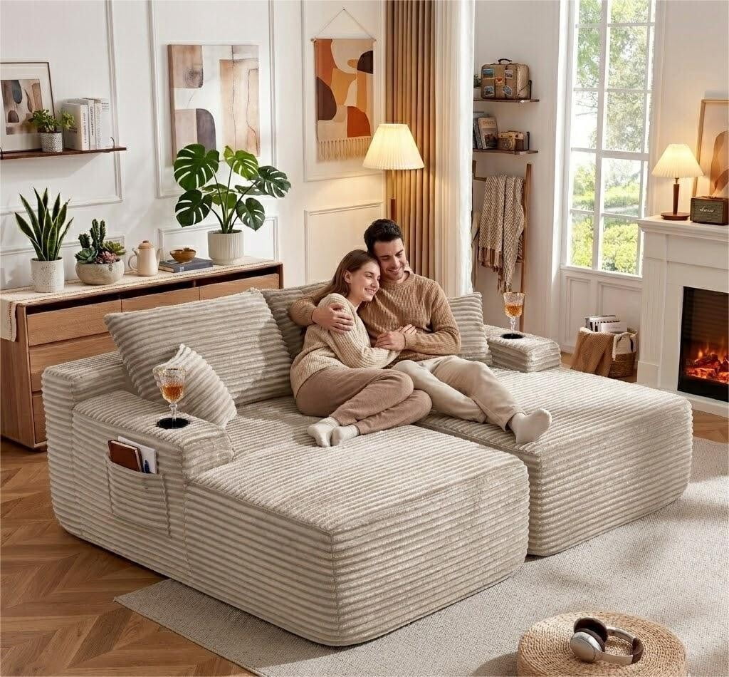 avobird 69" Cloud Loveseat, L-Shaped Modular Sofa with Deep-Seat Design, Comfortable 2 Seater Couch for Modern Living Room, Plush Fabric, Beige