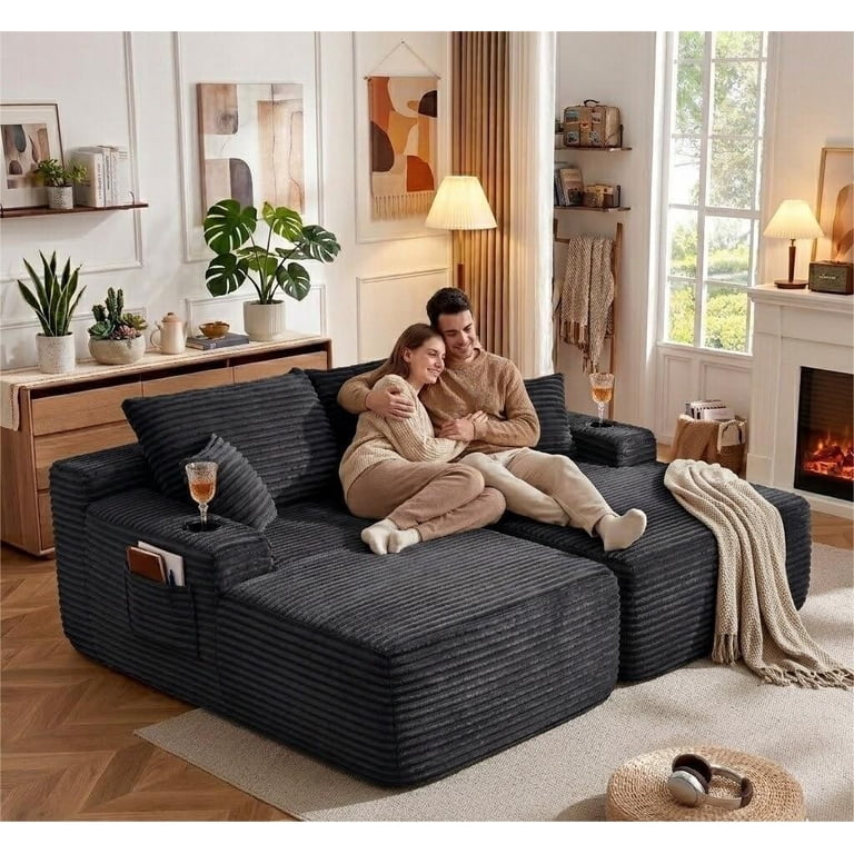 Avobird 69 inch Cloud Loveseat, L-Shaped Modular Sofa with Deep-Seat Design, Comfortable 2 Seater Couch for Modern Living Room, Plush Fabric, Black