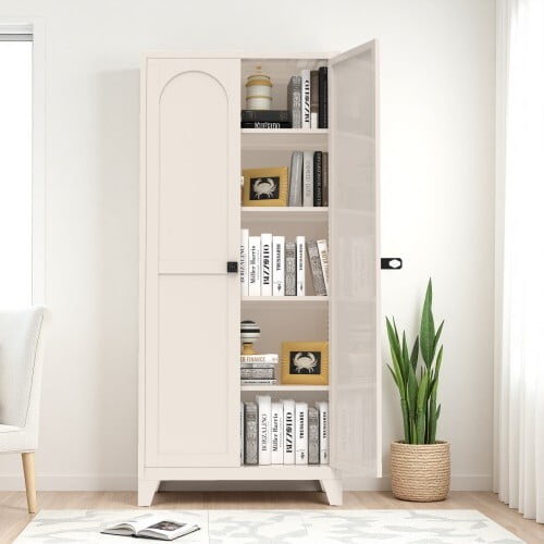 avobird 71'' 2 Shapely Door Cabinet With Lock, Metal Storage Cabinet with Doors and Adjustable Shelves, for Kitchen, Bedroom, Living Room, Beige