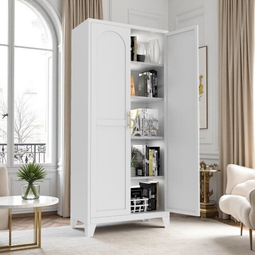 avobird 71'' 2 Shapely Doors Cabinet, Metal Storage Cabinet with Doors and Adjustable Shelves, for Bedroom, Living Room, Kitchen, White