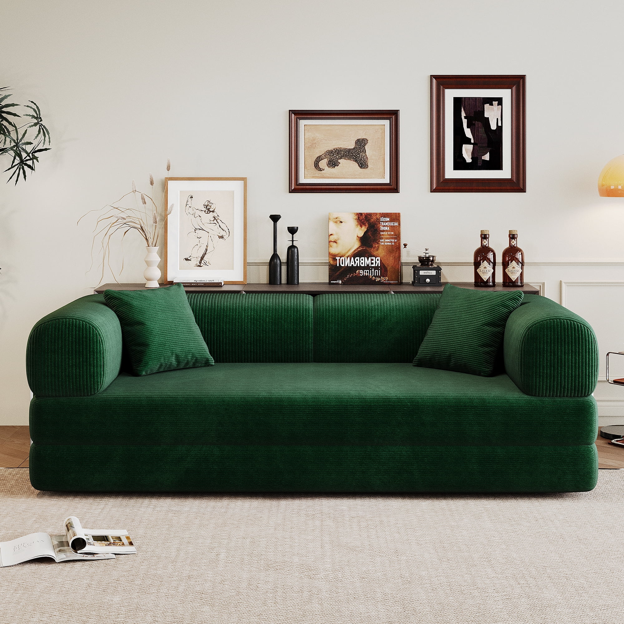avobird 78.8" Compression Sofa, Convertible Floor Sofa Bed with Pillow Back Support Armrest, Boneless Modular Sectional Sofa for Living Room, Green