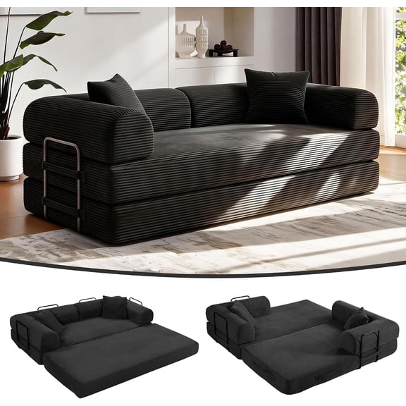 avobird 78" Convertible Sofa Bed, 5-in-1 Corduroy Futon Pull Out Couch, No Assembly Boneless Sleeper Sofa for Living Room & Bedroom, Black