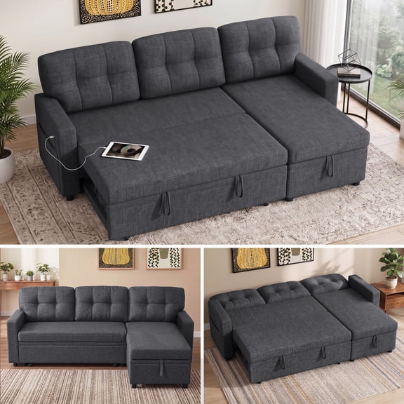 avobird 82" L Shaped Sleeper Sofa Bed, 3-Seat Convertible Sectional Couches with Storage Chaise, Linen Fabric Pull Out Couch for Living Rooms, Apartment, Dark Gray