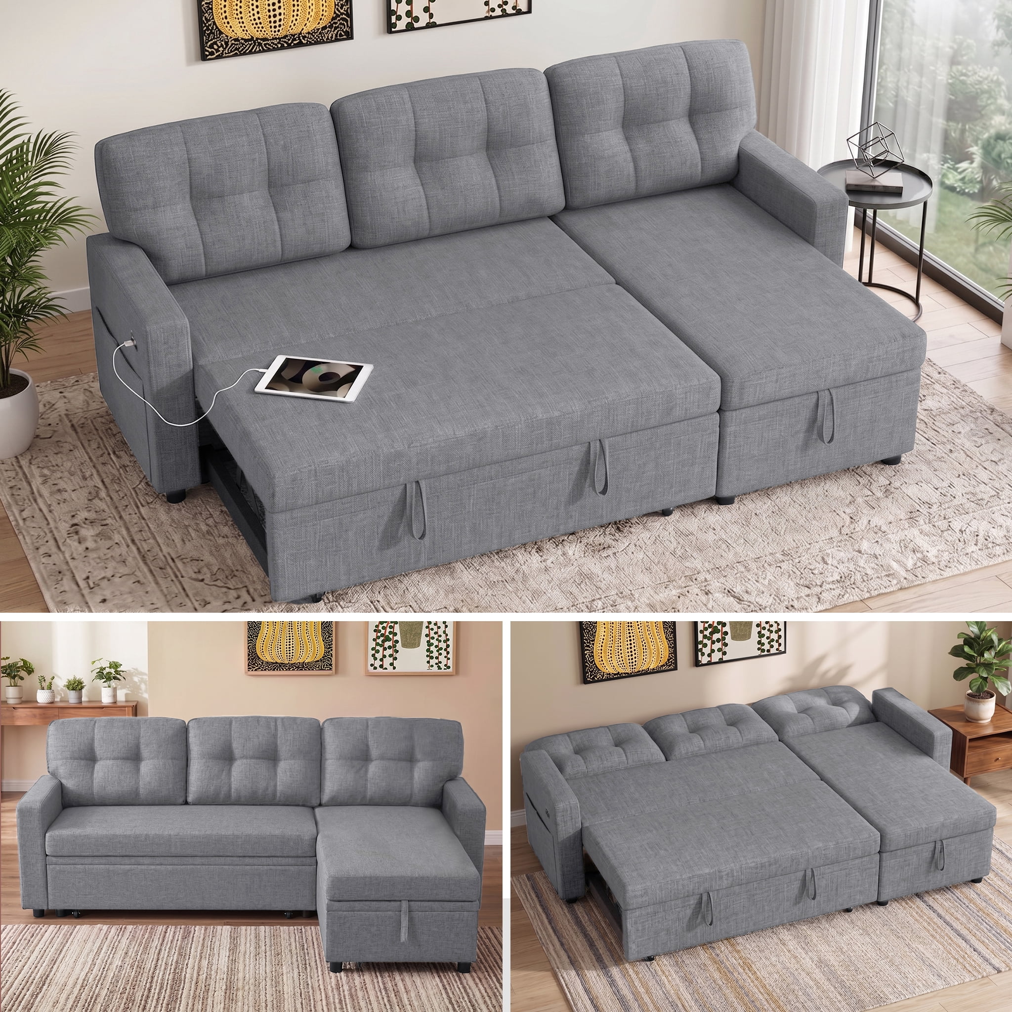 avobird 82" L Shaped Sleeper Sofa Bed, 3-Seat Convertible Sectional Couches with Storage Chaise, Linen Fabric Pull Out Couch for Living Rooms, Apartment, Light Gray