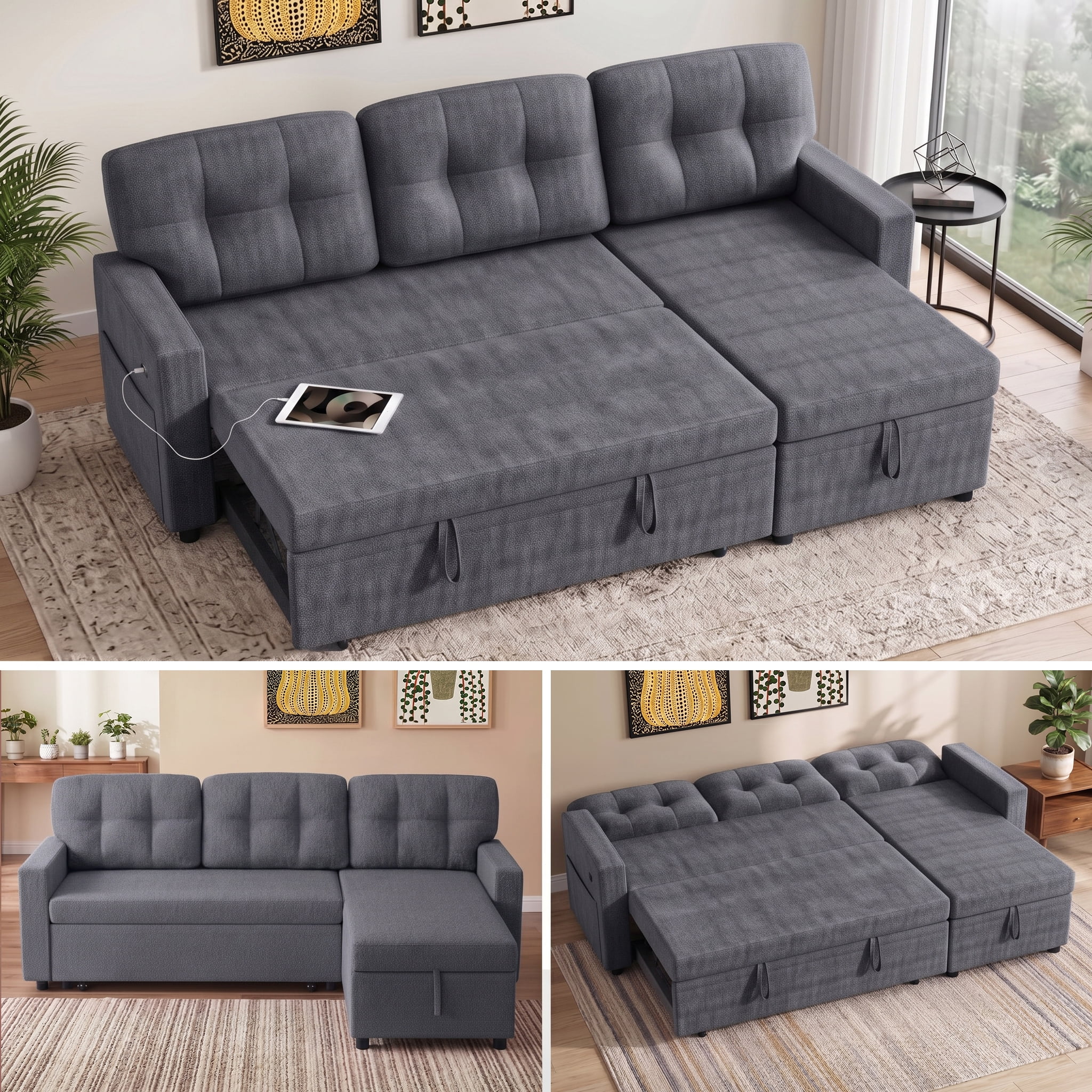 avobird 82" L Shaped Sleeper Sofa Bed, 3-Seat Convertible Sectional Couches with Storage Chaise, Terry Cloth Pull Out Couch for Living Rooms, Apartment, Dark Gray