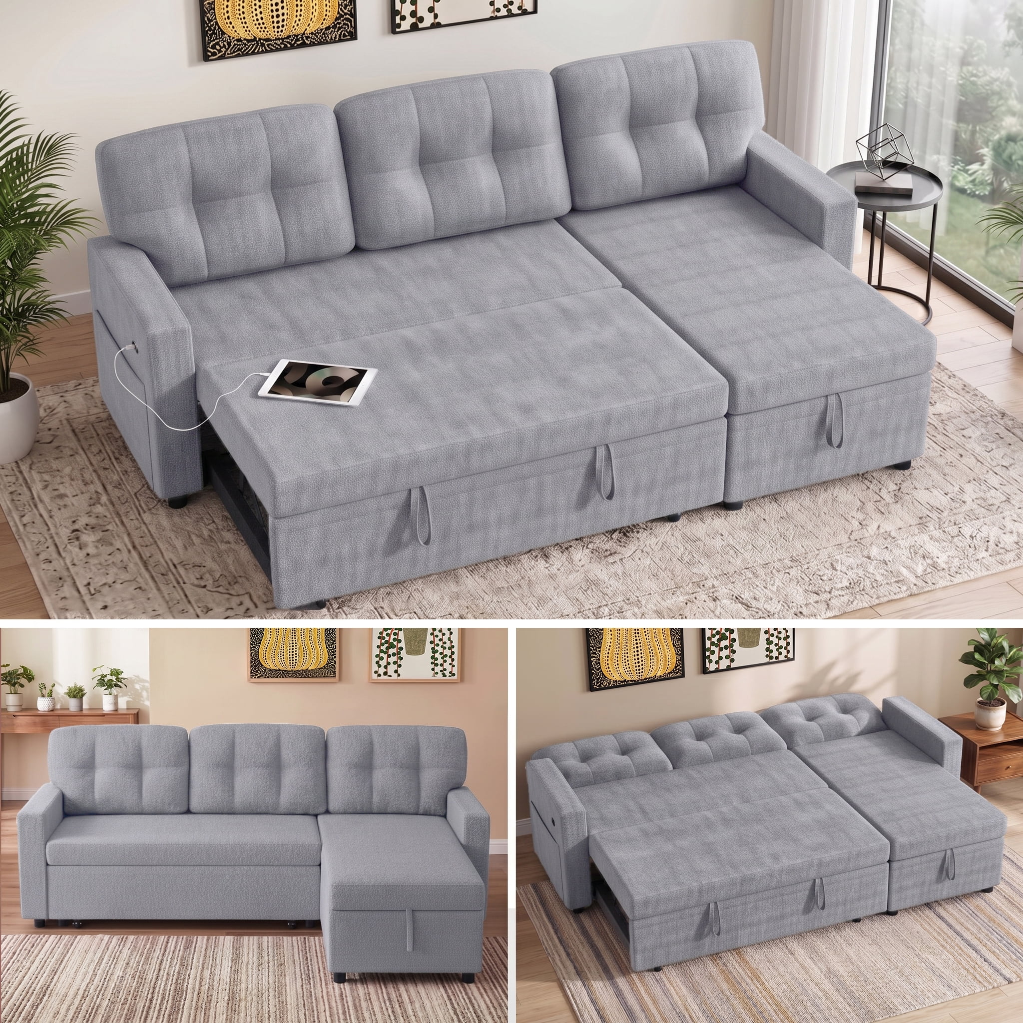 avobird 82" L Shaped Sleeper Sofa Bed, 3-Seat Convertible Sectional Couches with Storage Chaise, Terry Cloth Pull Out Couch for Living Rooms, Apartment, Light Gray