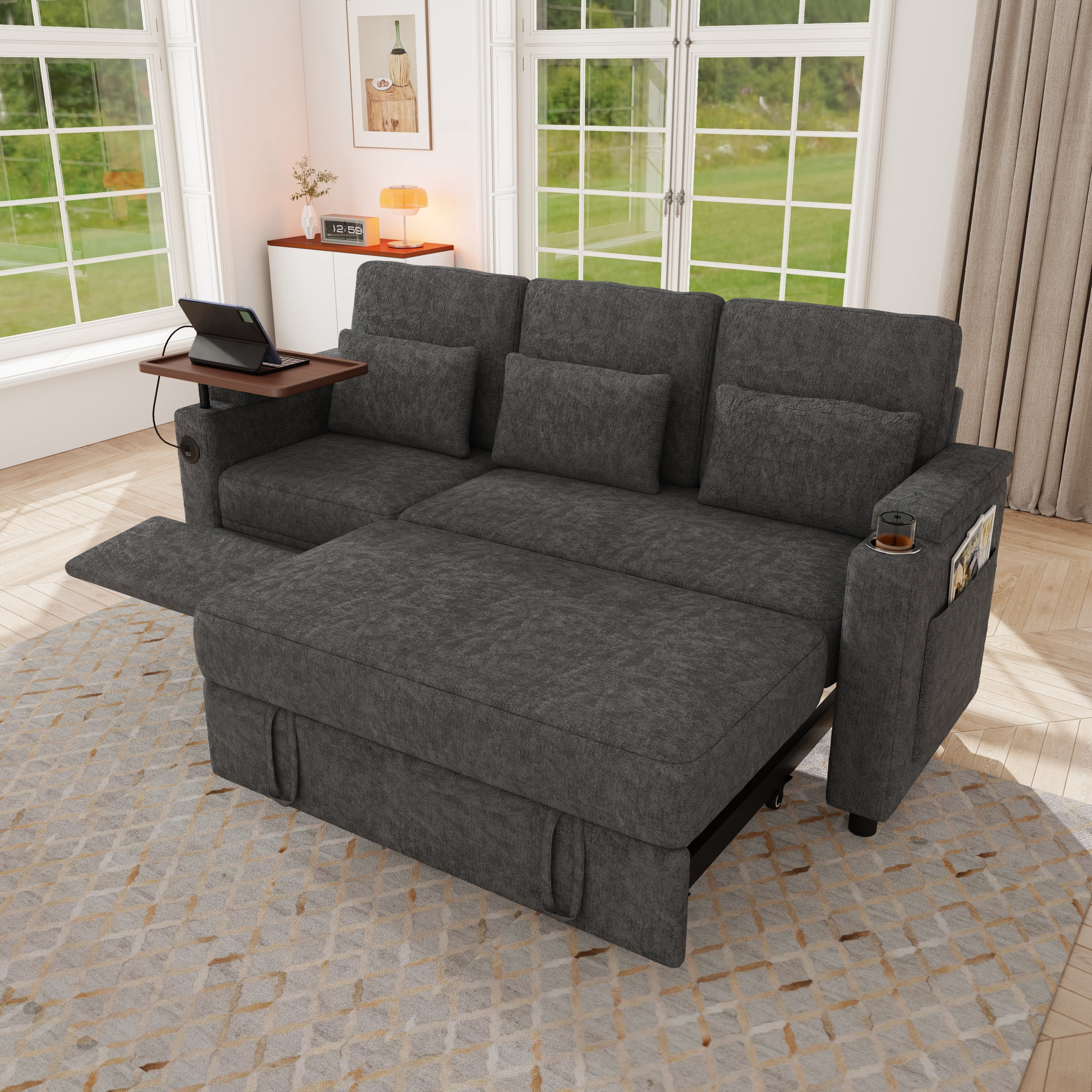 avobird 83" L Shaped Convertible Sofa Bed with Pull Out Couches, Adjustable Backrest and Seating, 3 in 1 Sleeper Sectional Sofa, Modern Chenille Sofa for Living Room, Dark Gray