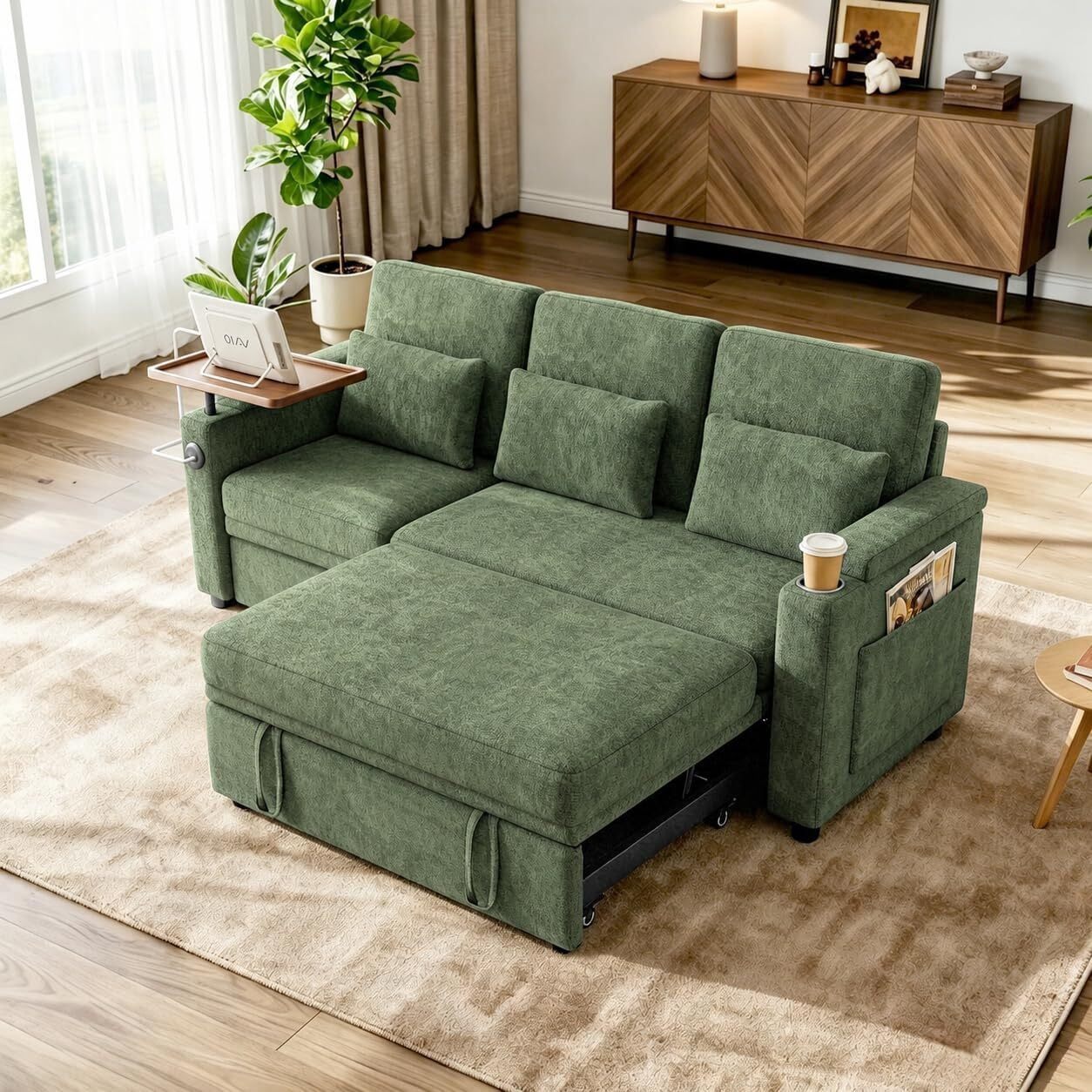 avobird 83" L Shaped Convertible Sofa Bed with Pull Out Couches, Adjustable Backrest and Seating, 3 in 1 Sleeper Sectional Sofa, Modern Chenille Sofa for Living Room, Green