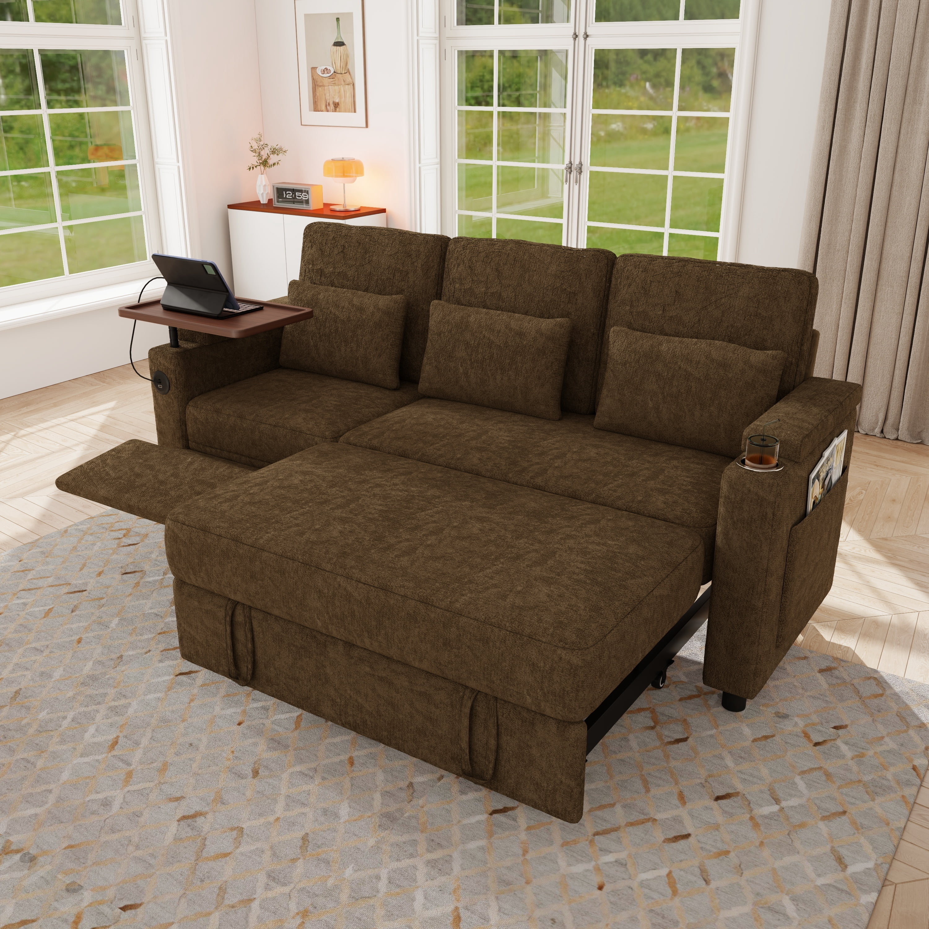 avobird 83" L Shaped Convertible Sofa Bed with Pull Out Couches, Adjustable Backrest and Seating, 3 in 1 Sleeper Sectional Sofa, Modern Chenille Sofa for Living Room, Khaki