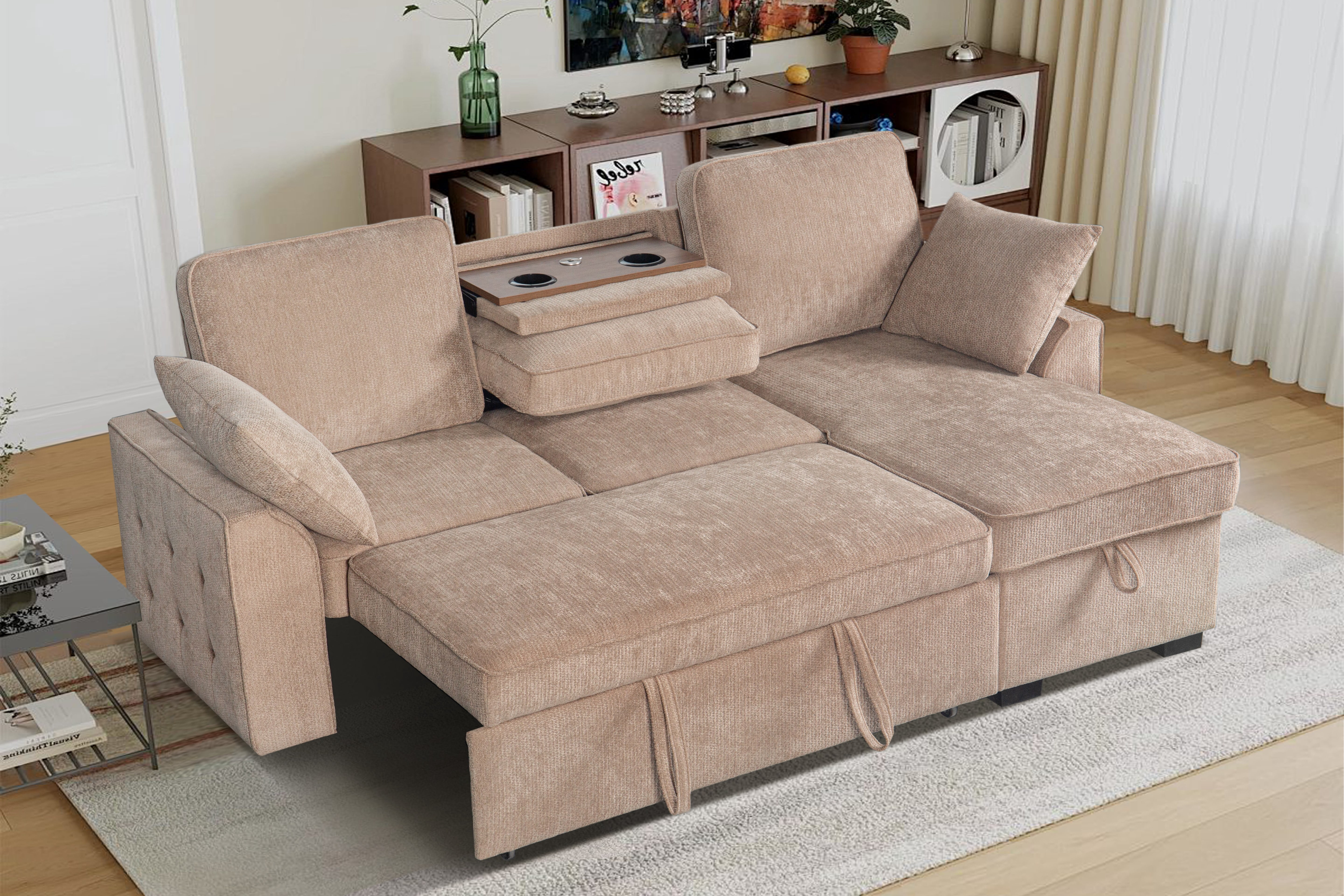 avobird 85.5'' Pull Out Sofa Bed, L Shaped Sleeper Sofa with Flip-Down Center Console & Charging Ports, Chenille Convertible Sofa for Apartment/Living Room, Light Brown