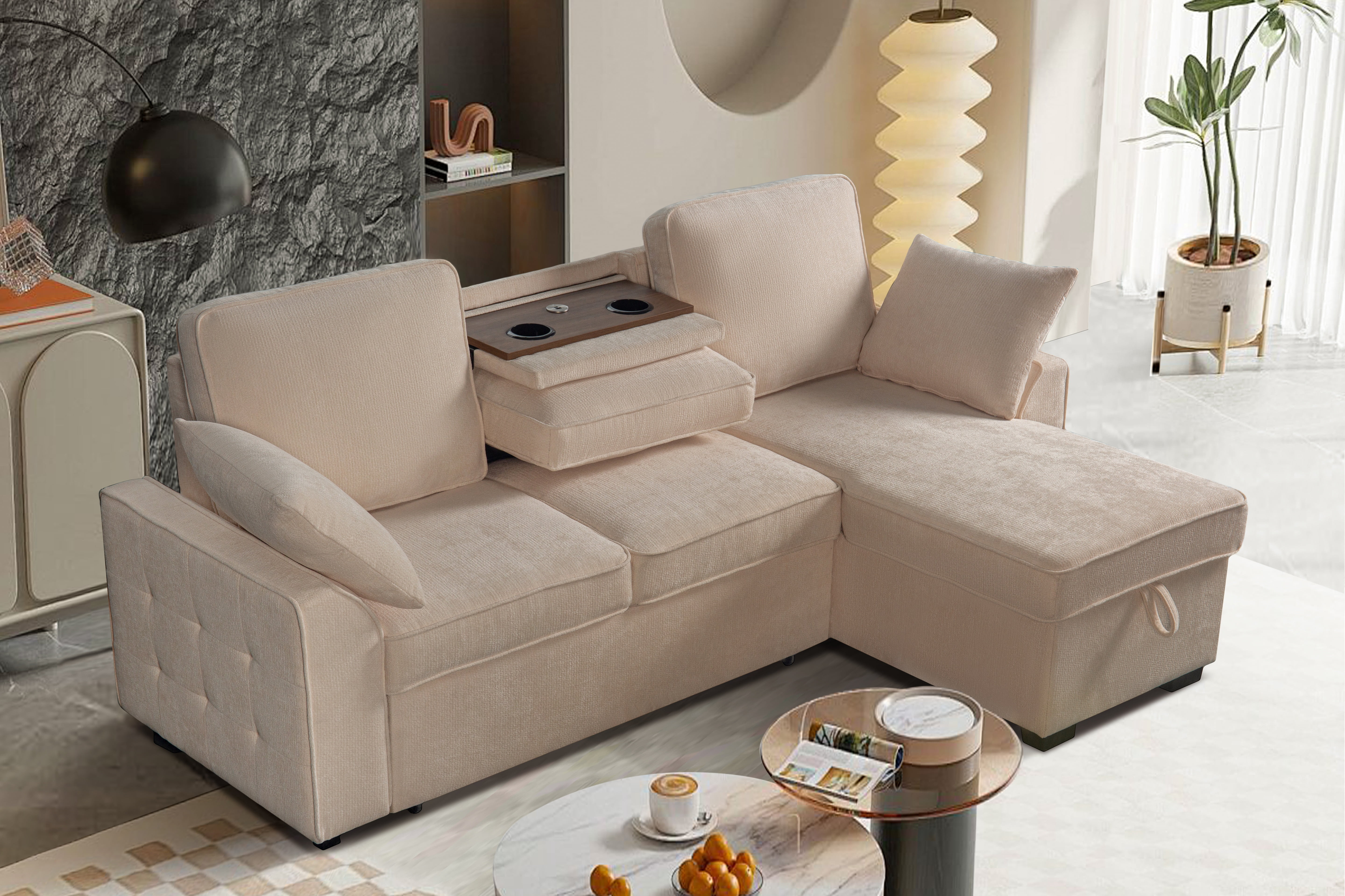 avobird 85.5'' Pull Out Sofa Bed, L Shaped Sleeper Sofa with Flip-Down Center Console & Charging Ports, Chenille Convertible Sofa for Apartment/Living Room, White