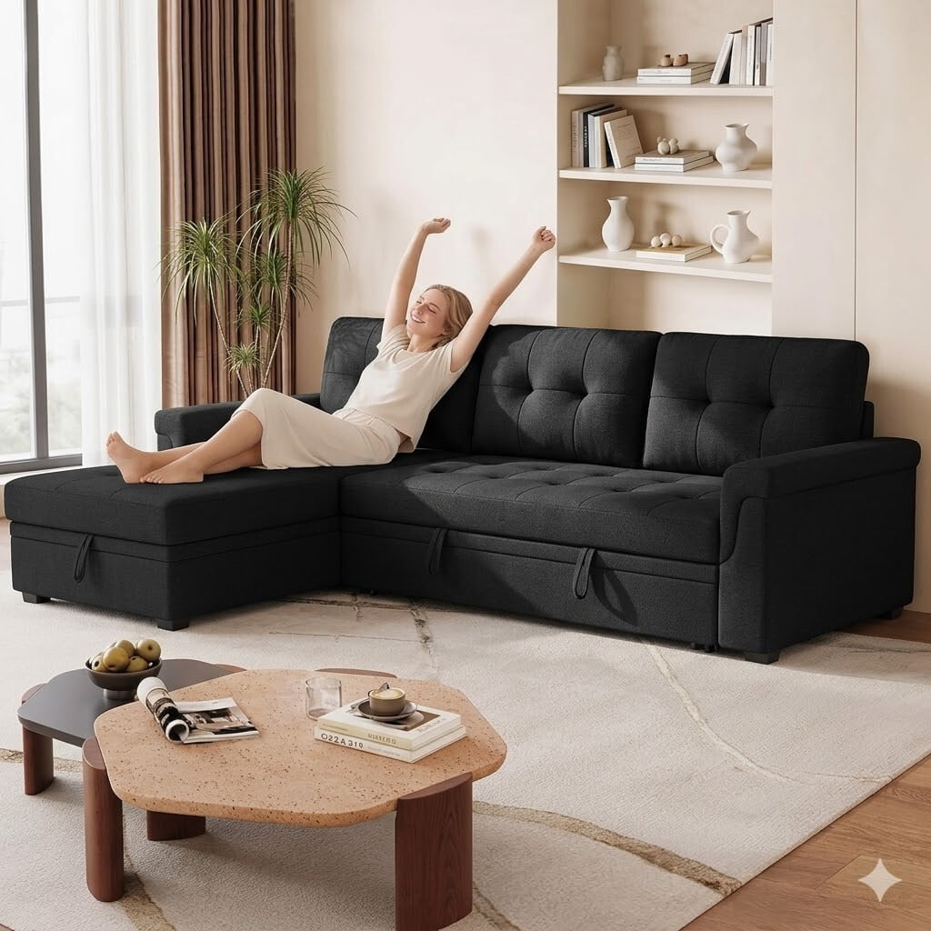 avobird 86'' Upholstered Pull-Out Sofa Bed, Sleeper Sofa with Reversible L/R, Polyester Fabric for Living Room, Black