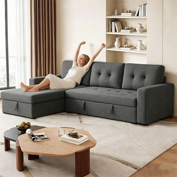 avobird 86'' Upholstered Pull-Out Sofa Bed, Sleeper Sofa with Reversible L/R, Polyester Fabric for Living Room, Gray