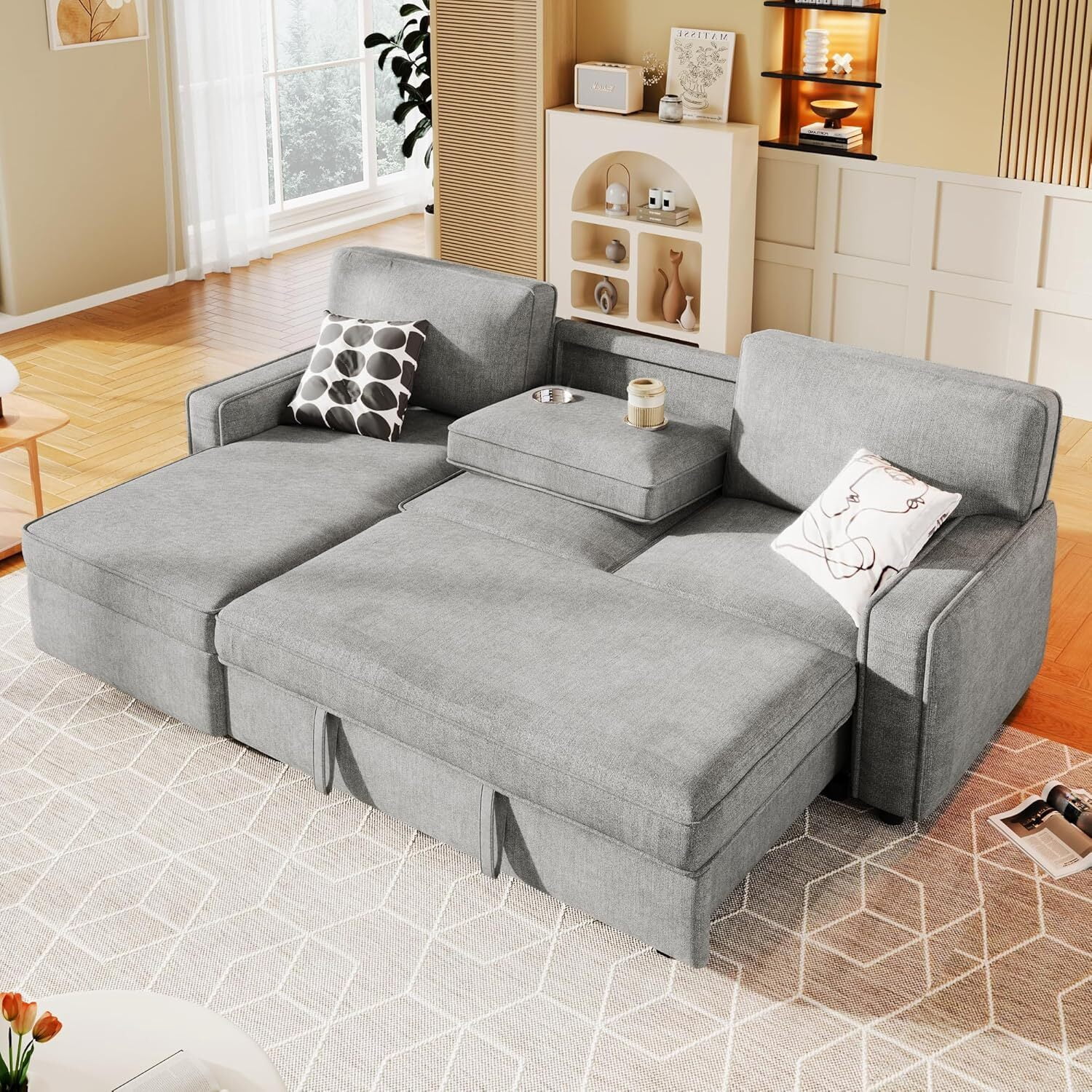 avobird 89'' Pull Out Sofa Bed, L Shaped Sleeper Sofa with Flip-Down Center Console & Charging Ports, Chenille Convertible Sofa for Apartment/Living Room, Light Gray