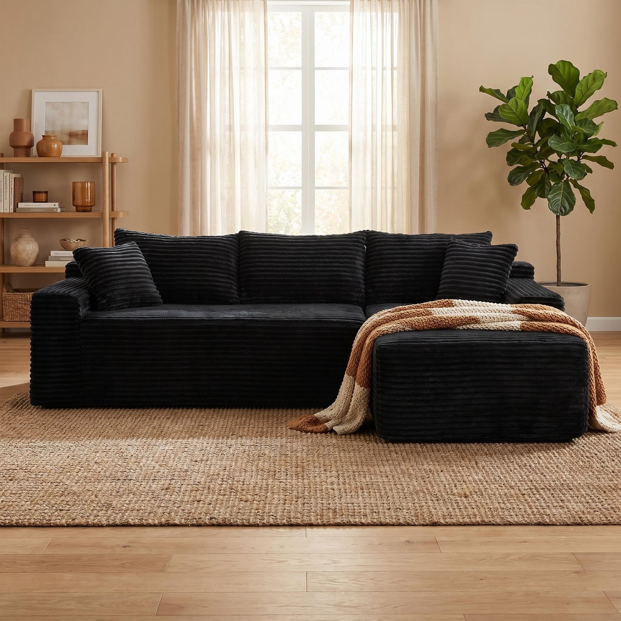 avobird 94.5" Cloud Modular Sectional Sofa Couch with Left Side L-Shape Chaise,Modern Corduroy Upholstered Couches for Living Room Bedroom,Deep Seat Corner Couch, Black