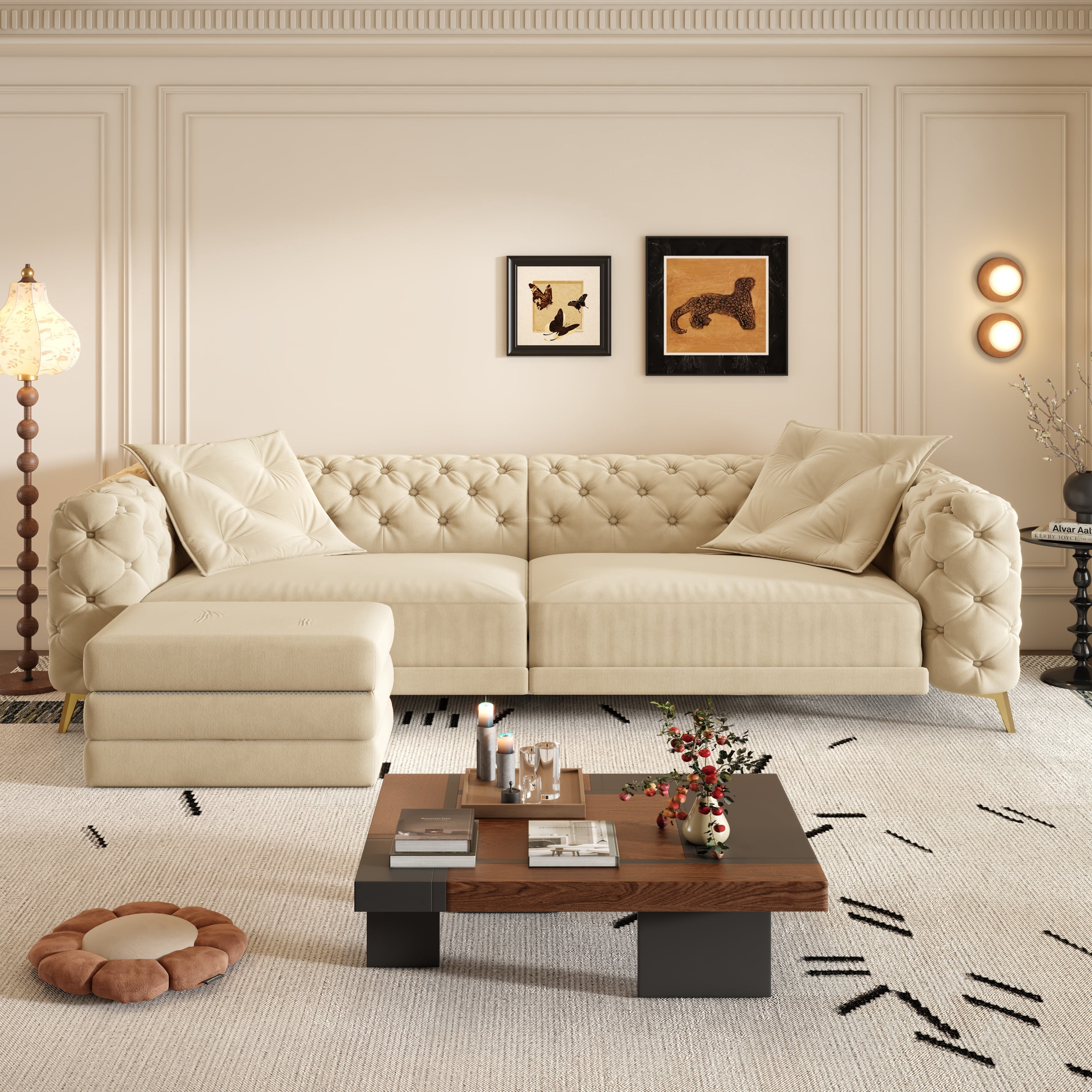avobird 97" Overside Convertible Sofa, 3 in 1 Pull Out Sleeper Sofa Bed with Movable Ottoman, Button Tufted Modern Sofa for Living Room, Apricot