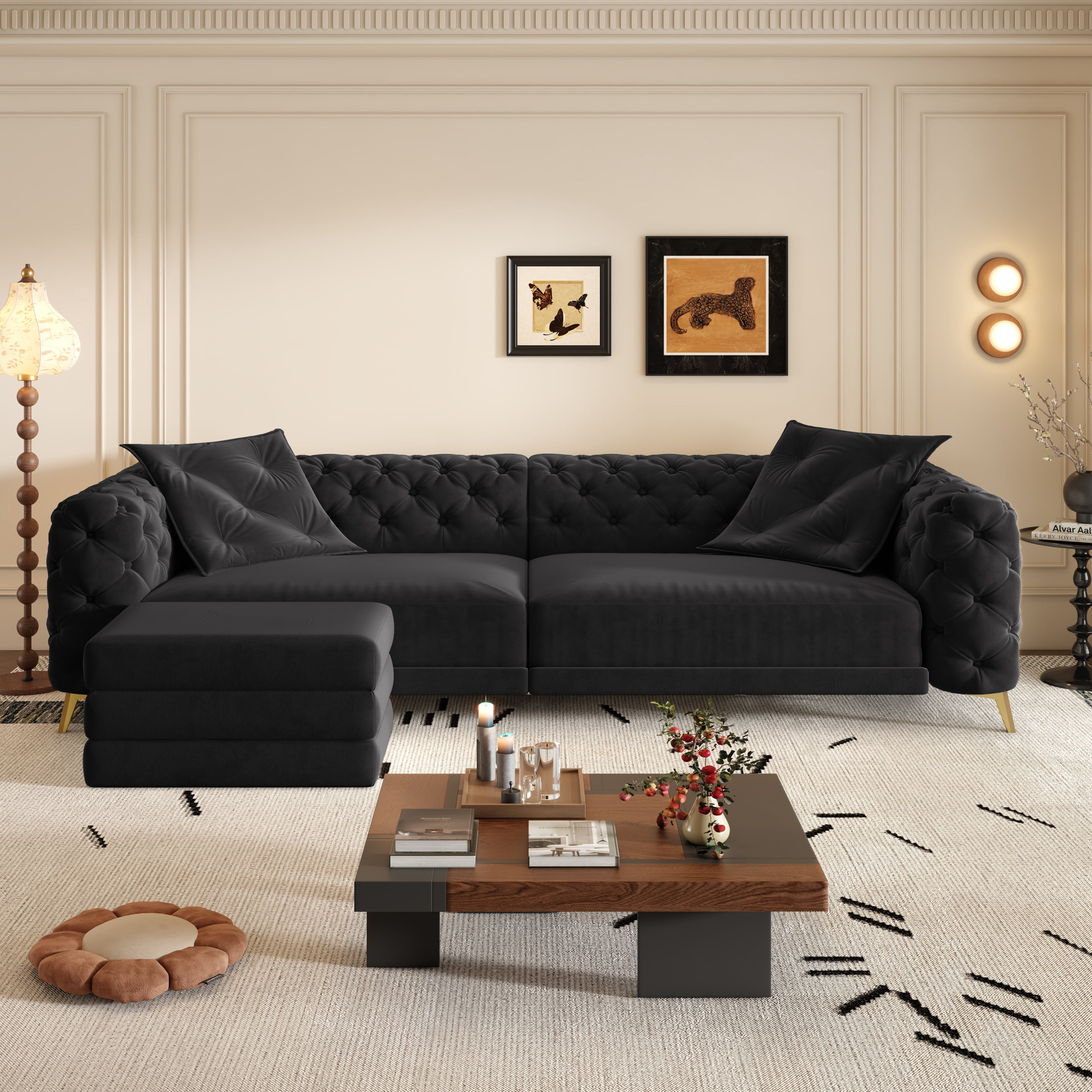 avobird 97" Overside Convertible Sofa, 3 in 1 Pull Out Sleeper Sofa Bed with Movable Ottoman, Button Tufted Modern Sofa for Living Room, Black