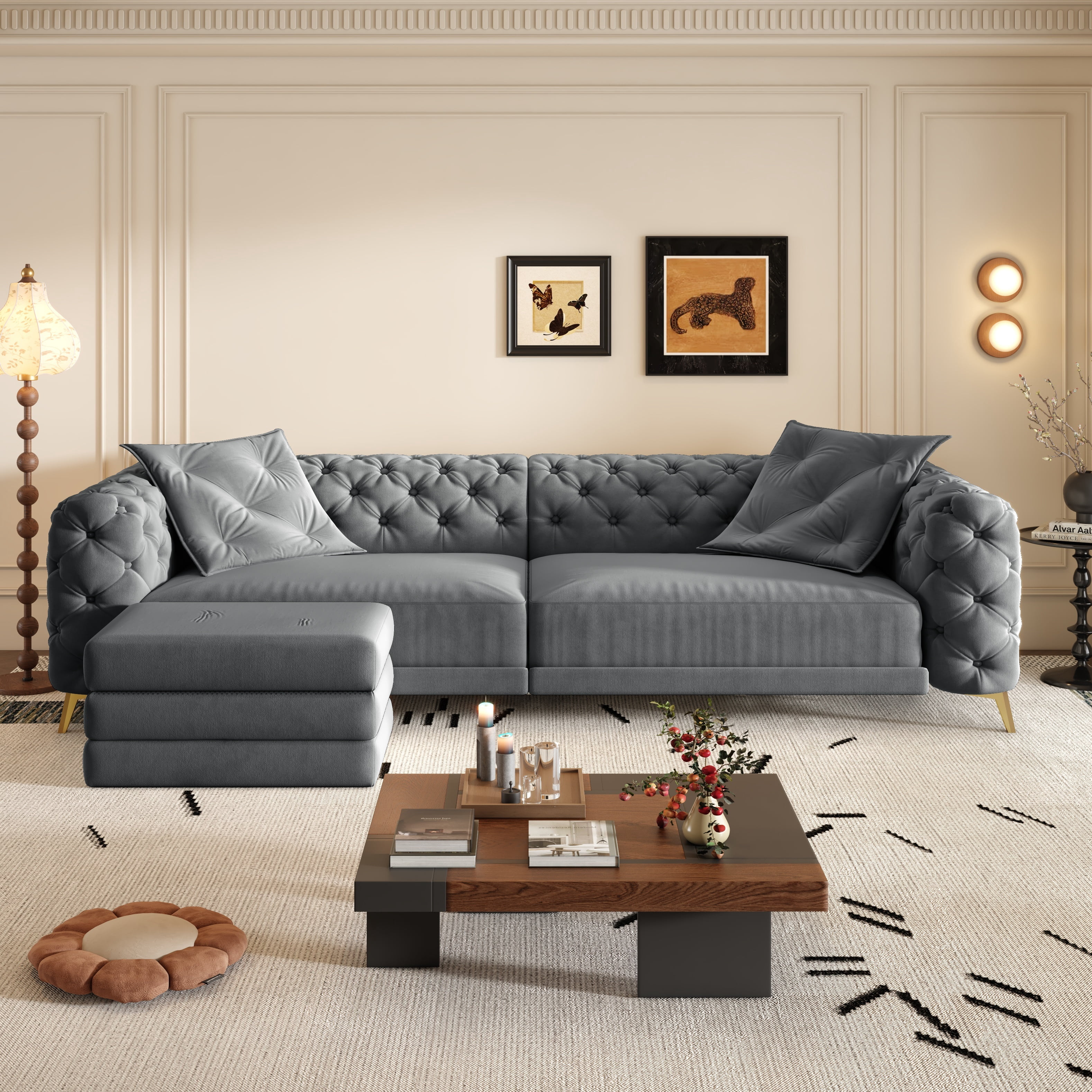 avobird 97" Overside Convertible Sofa, 3 in 1 Pull Out Sleeper Sofa Bed with Movable Ottoman, Button Tufted Modern Sofa for Living Room, Dark Gray
