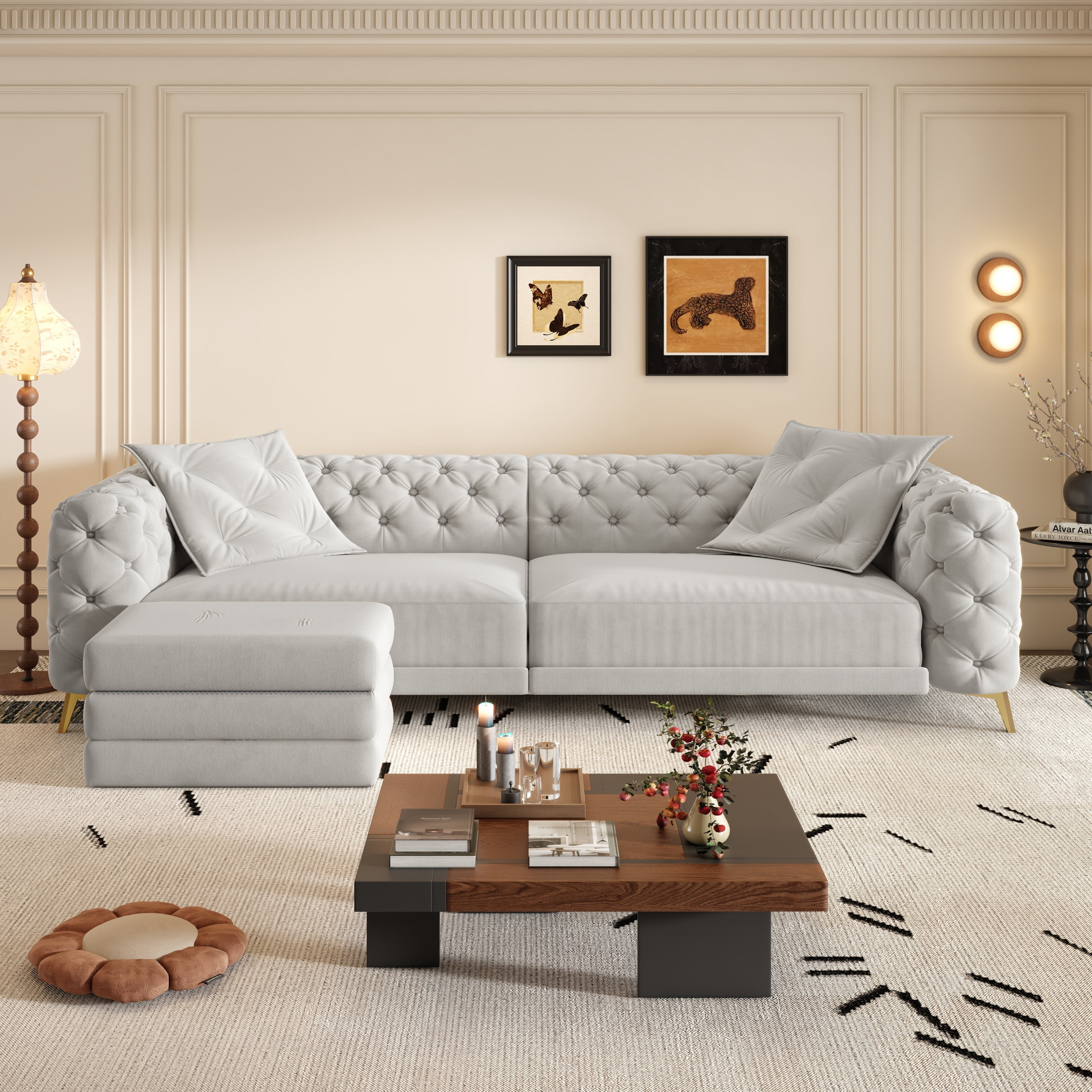 avobird 97" Overside Convertible Sofa, 3 in 1 Pull Out Sleeper Sofa Bed with Movable Ottoman, Button Tufted Modern Sofa for Living Room, Light Gray