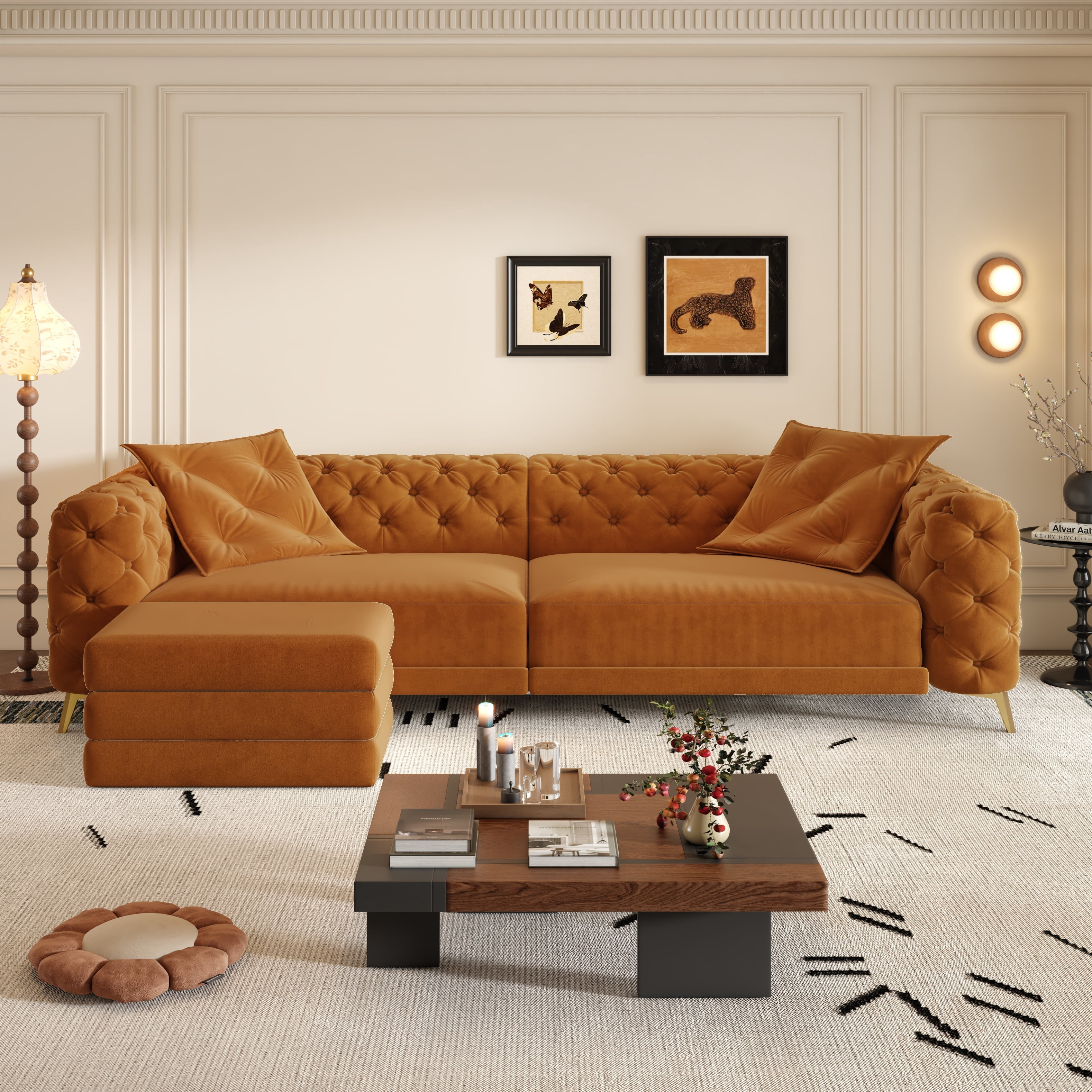 avobird 97" Overside Convertible Sofa, 3 in 1 Pull Out Sleeper Sofa Bed with Movable Ottoman, Button Tufted Modern Sofa for Living Room, Orange