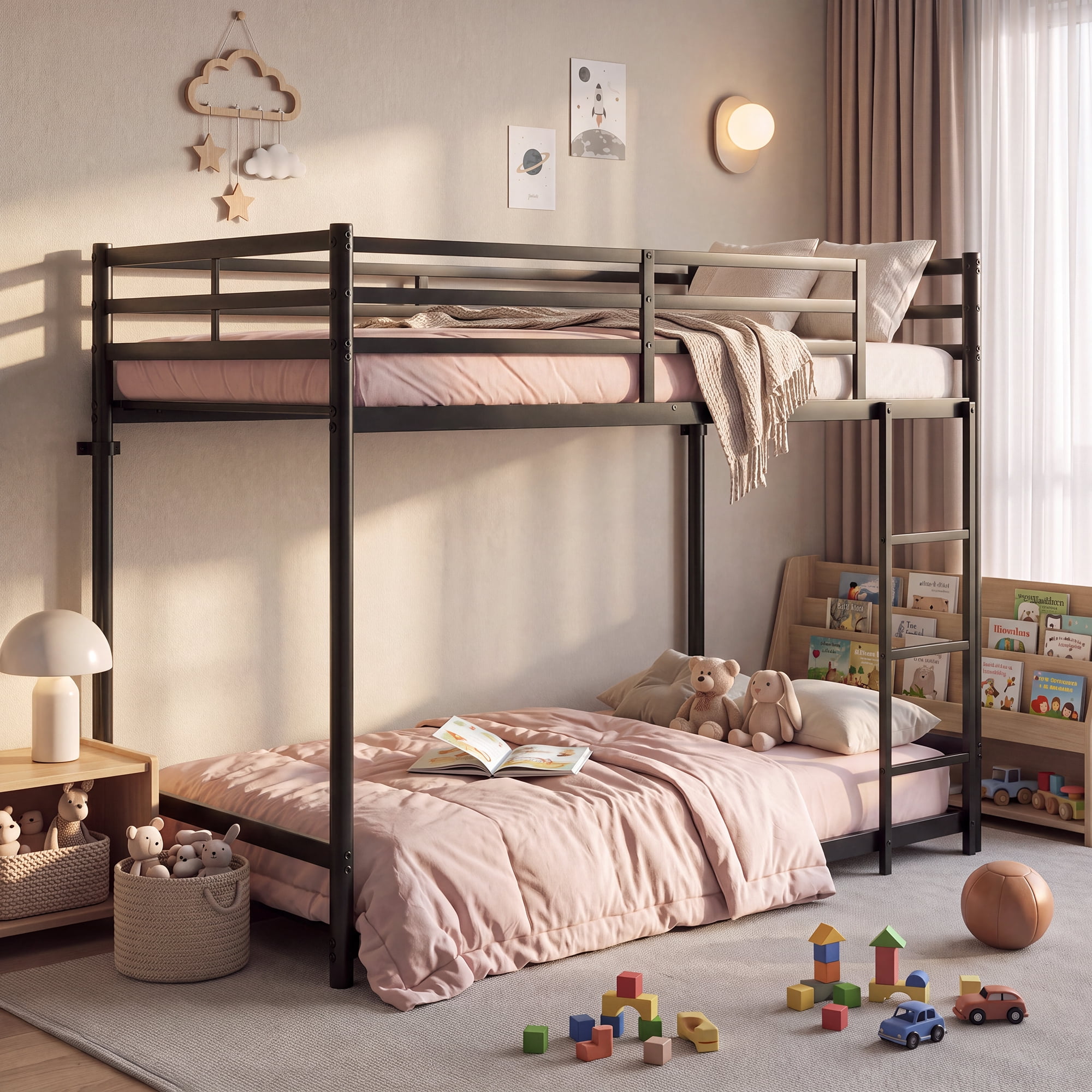 avobird Bunk Bed with Ladder and high Guardrail Metal Bunk Bed, Storage Space, Noise Free,Twin Over Twin Size, Black