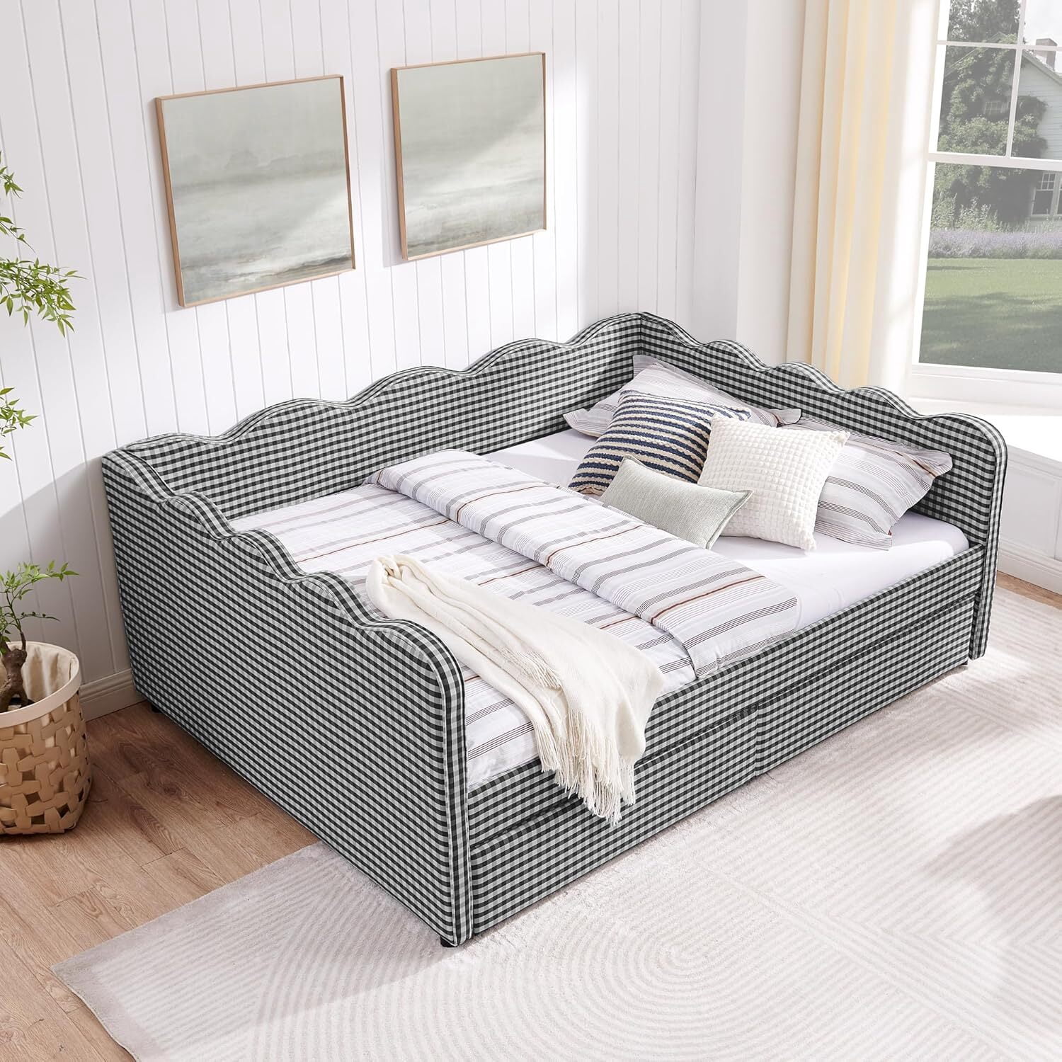 avobird Cozy Gingham Daybed with 2 Storage Drawers Queen Size Sofa Bed for Living Room, Sleeper Sofa with USB Port and Adorable Wave Shaped, Linen Fabric, Black