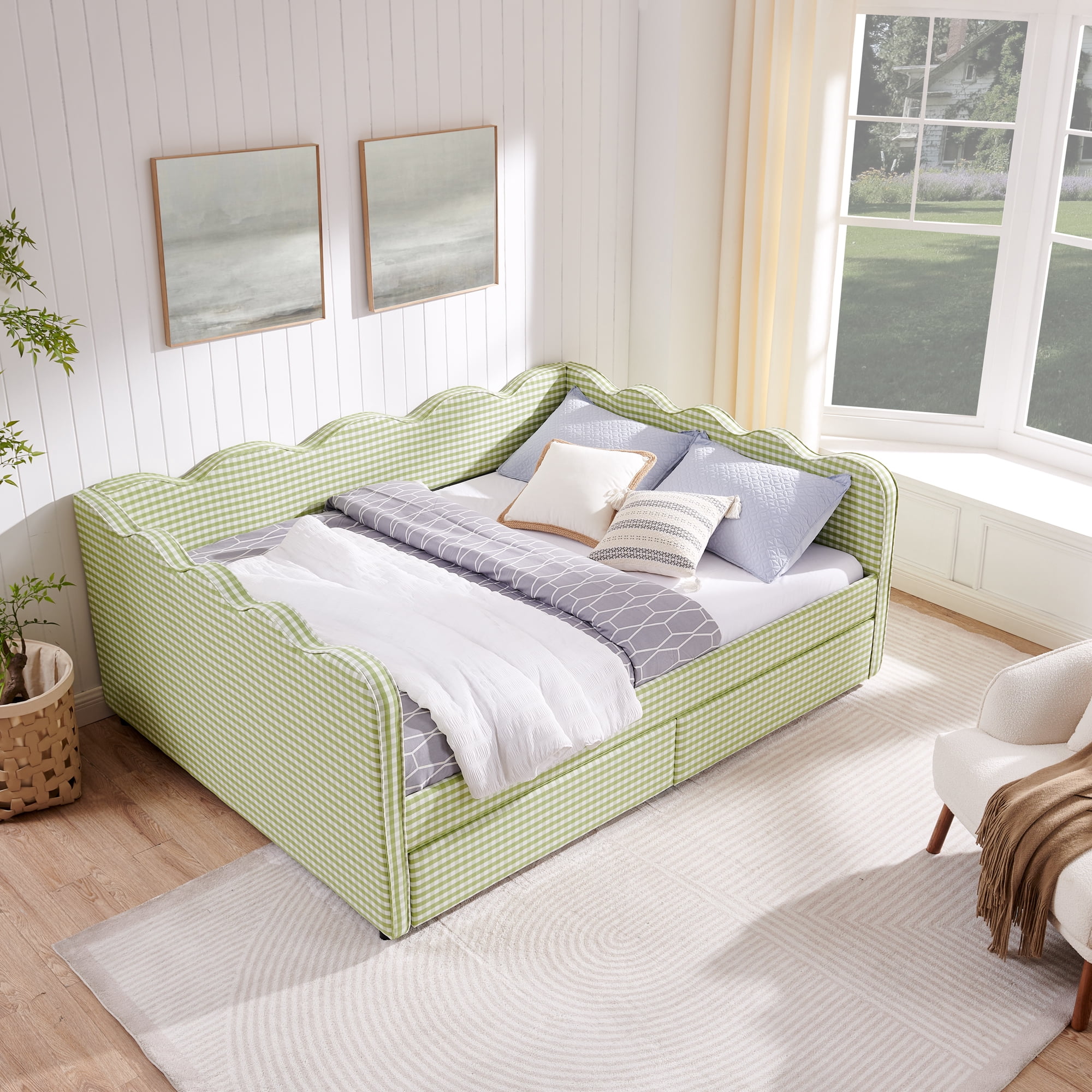 avobird Cozy Gingham Daybed with 2 Storage Drawers Queen Size Sofa Bed for Living Room, Sleeper Sofa with USB Port and Adorable Wave Shaped, Linen Fabric, Green