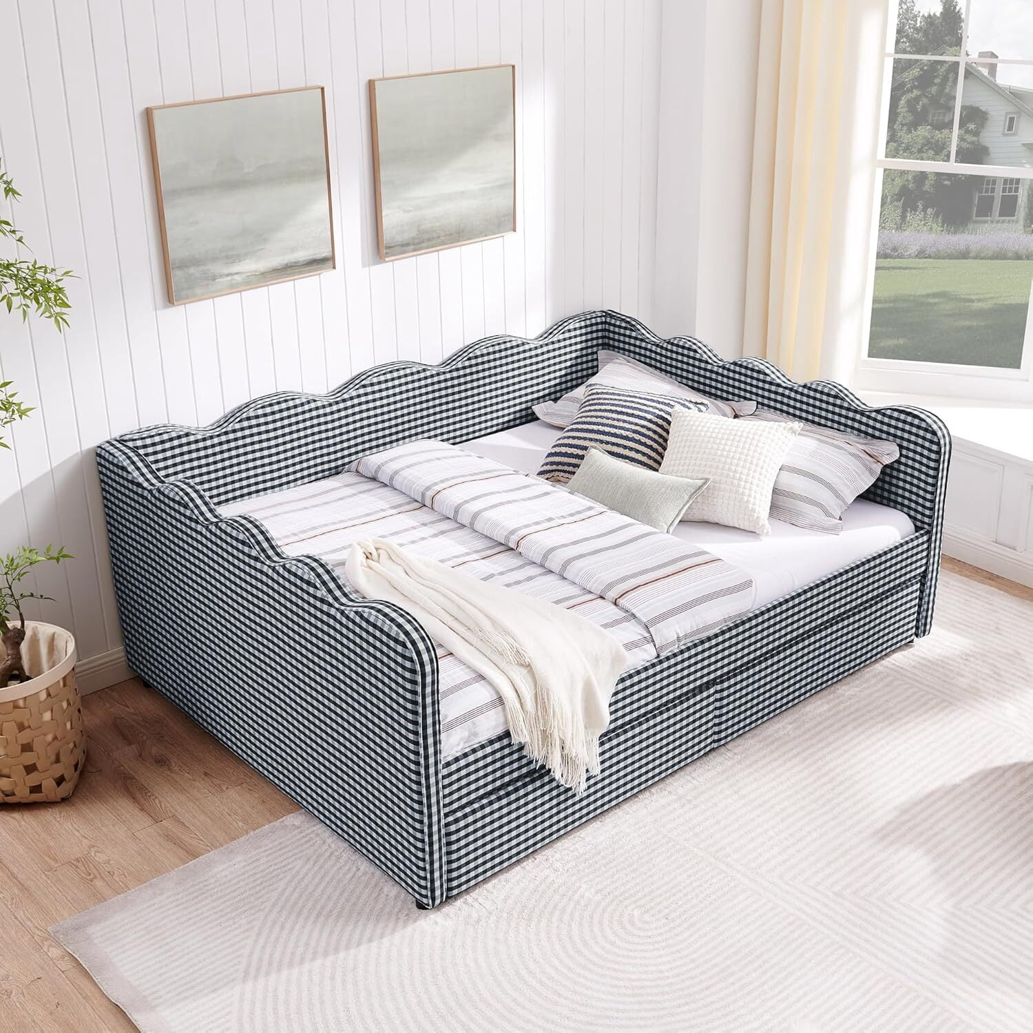 avobird Cozy Gingham Daybed with 2 Storage Drawers Queen Size Sofa Bed for Living Room, Sleeper Sofa with USB Port and Adorable Wave Shaped, Linen Fabric, Navy Blue