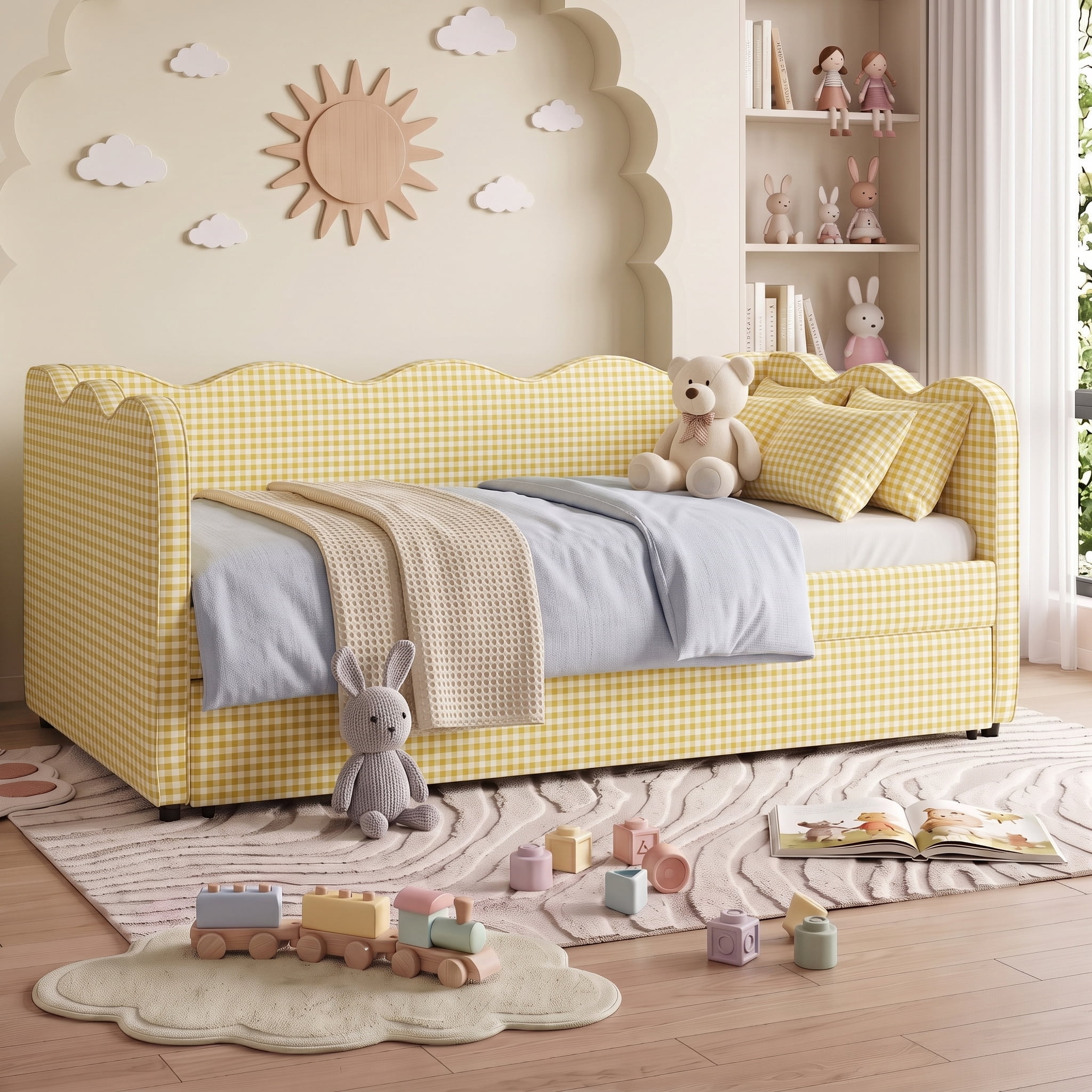 avobird Cozy Gingham Daybed with Trundle Twin Size Sofa Bed for Living Room, Sleeper Sofa with USB Port and Adorable Wave Shaped, Linen Fabric, Yellow