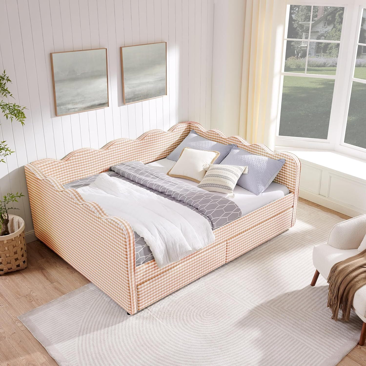 avobird Cozy Gingham Daybed with 2 Storage Drawers Queen Size Sofa Bed for Living Room, Sleeper Sofa with USB Port and Adorable Wave Shaped, Linen Fabric, Pink