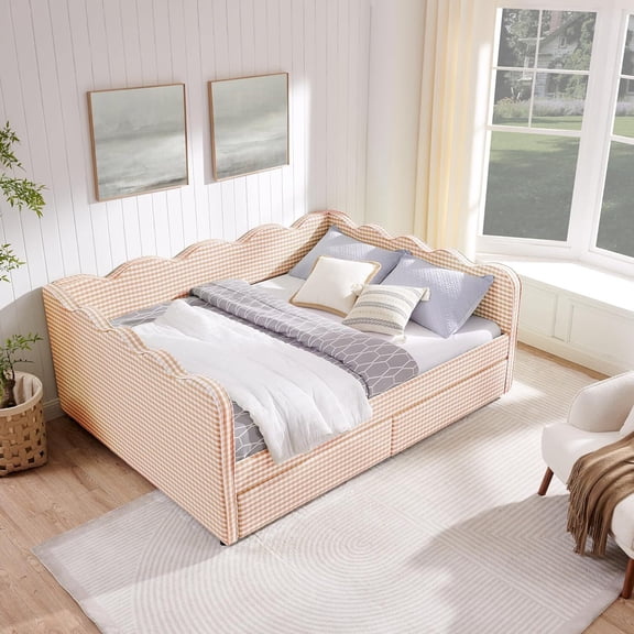 avobird Cozy Gingham Daybed with 2 Storage Drawers Queen Size Sofa Bed for Living Room, Sleeper Sofa with USB Port and Adorable Wave Shaped, Linen Fabric, Pink