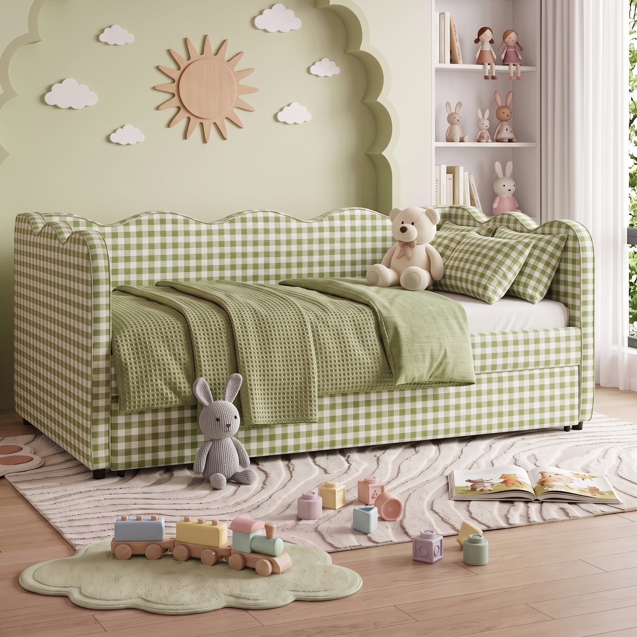 avobird Cozy Gingham Daybed with Trundle Twin Size Sofa Bed for Living Room, Sleeper Sofa with USB Port and Adorable Wave Shaped, Linen Fabric, Green