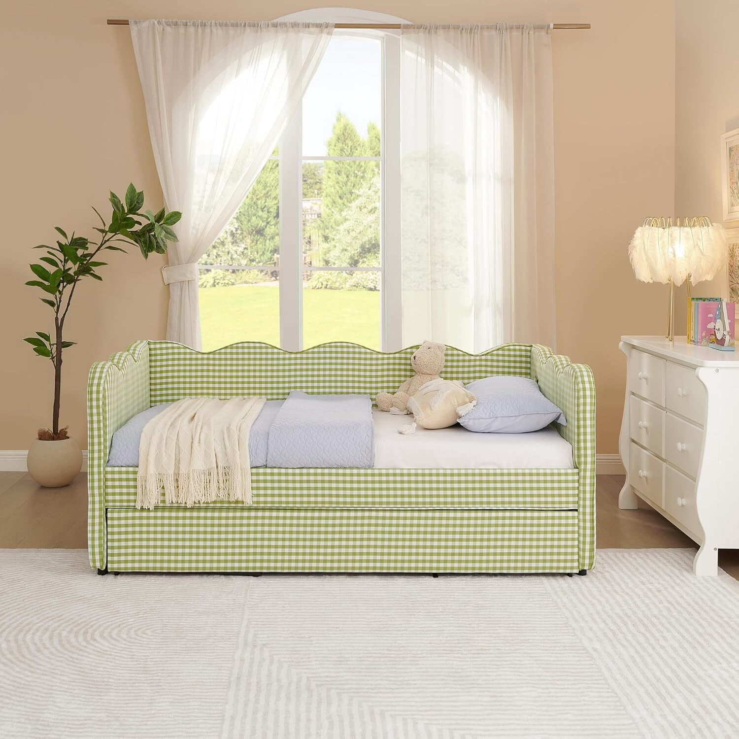 avobird Cozy Gingham Daybed with Trundle Twin Size Sofa Bed for Living Room, Sleeper Sofa with USB Port and Adorable Wave Shaped, Linen Fabric, Green