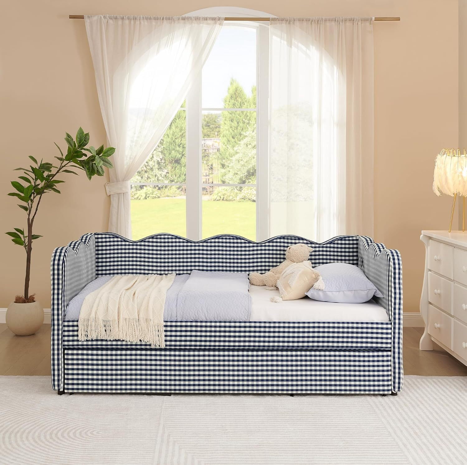 avobird Cozy Gingham Daybed with Trundle Twin Size Sofa Bed for Living Room, Sleeper Sofa with USB Port and Adorable Wave Shaped, Linen Fabric, Navy Blue