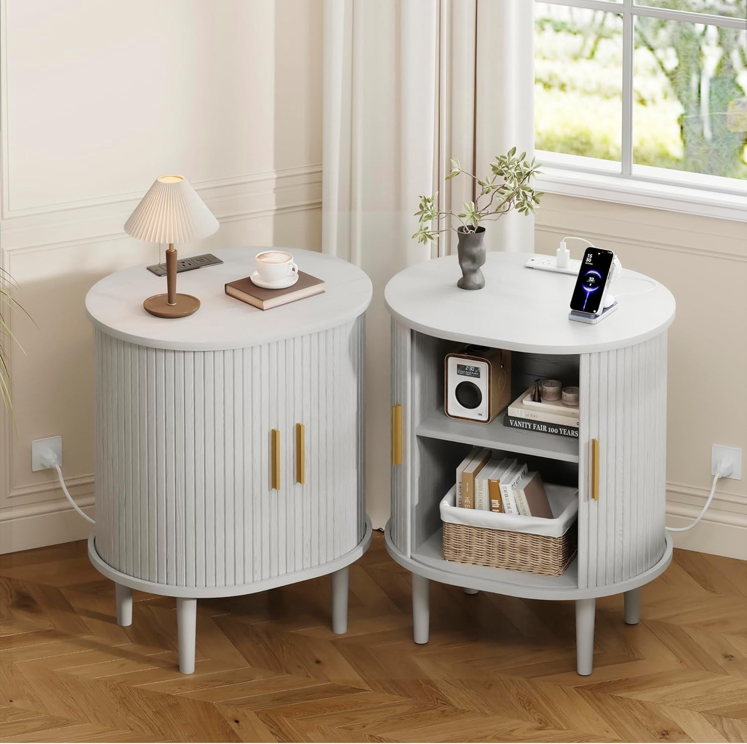 avobird Fluted Nightstand Set with Charging Station, Modern Side Table, Round Wood End Table with Drawer, Sliding Door & Adjustable Shelf for Living Room, Bedroom, White