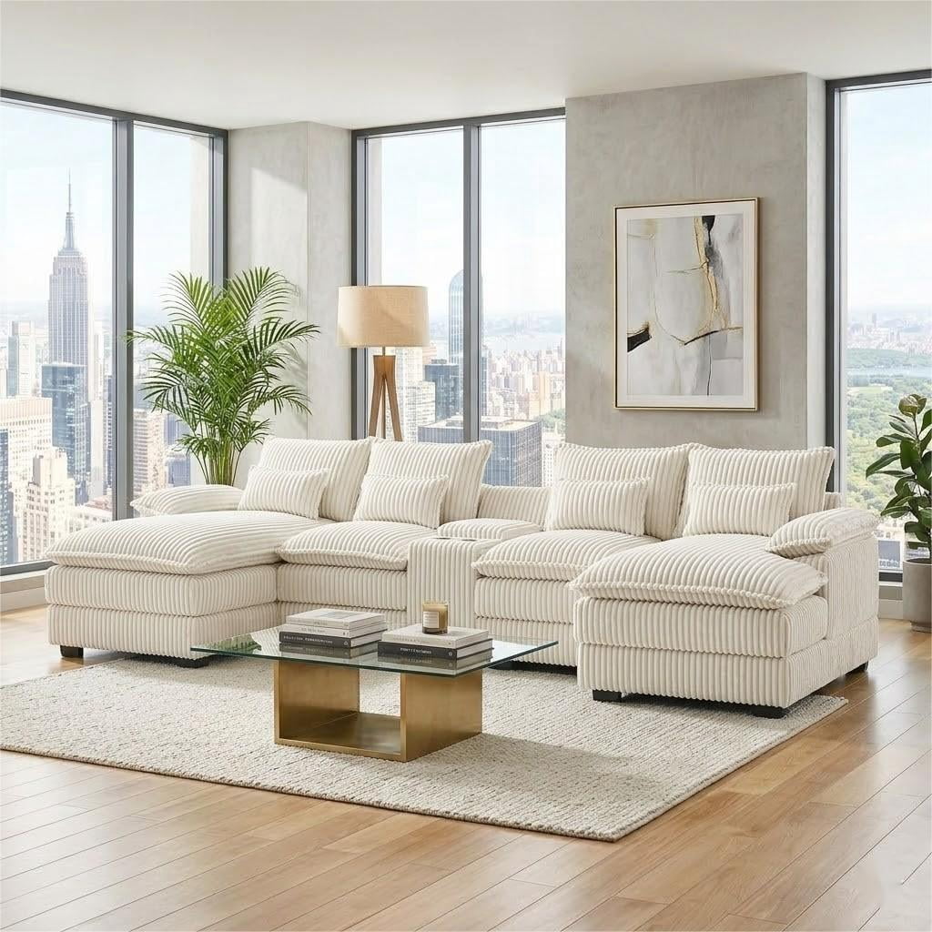 avobird Oversided 124" U Shaped Cloud Couch Sectional, DeepSeat Sofa Bed with USB Charging, Hidden Storage, Cup Holders & Chenille Double Chaise, Beige