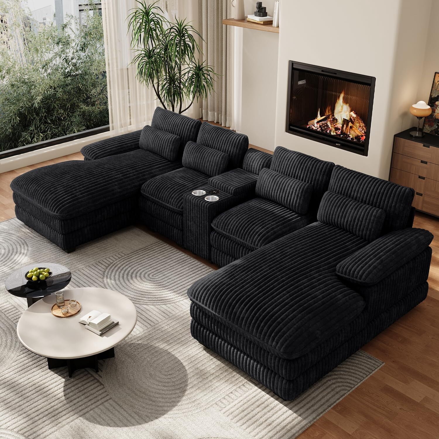 avobird Oversided 145" U Shaped Cloud Couch Sectional, DeepSeat Sofa Bed with USB Charging, Hidden Storage, Cup Holders & Chenille Double Chaise, Black