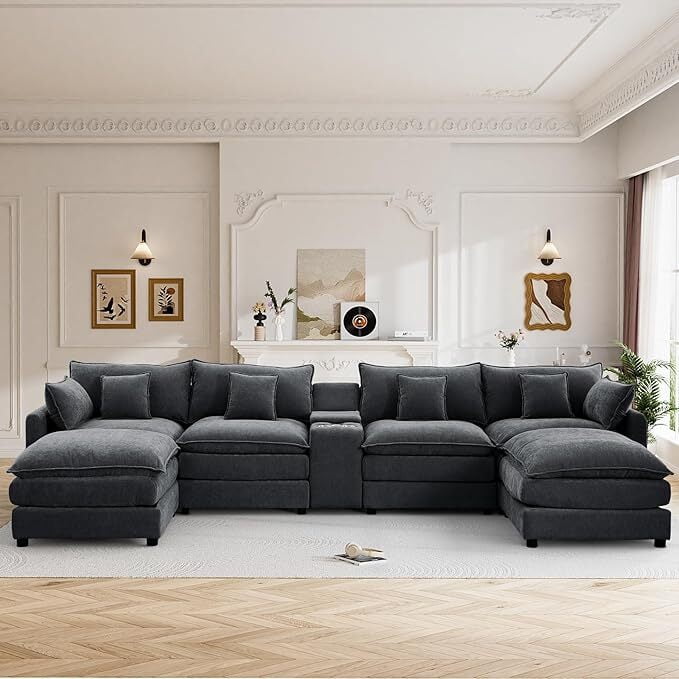 avobird Oversided 145" U Shaped Cloud Couch Sectional, DeepSeat Sofa Bed with USB Charging, Hidden Storage, Cup Holders & Chenille Double Chaise, Gray
