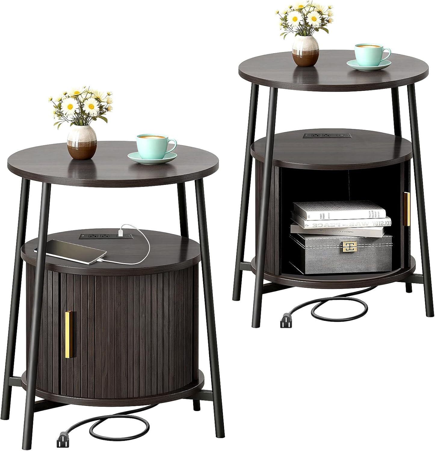 avobird Round End Tables Set of 2 & Charging Station, Fluted Accent Side Table with Sliding Door, Mid-Century Modern Nightstand set of 2 for Small Space Storage, Living Room, Bedroom,Sofa, Coffee