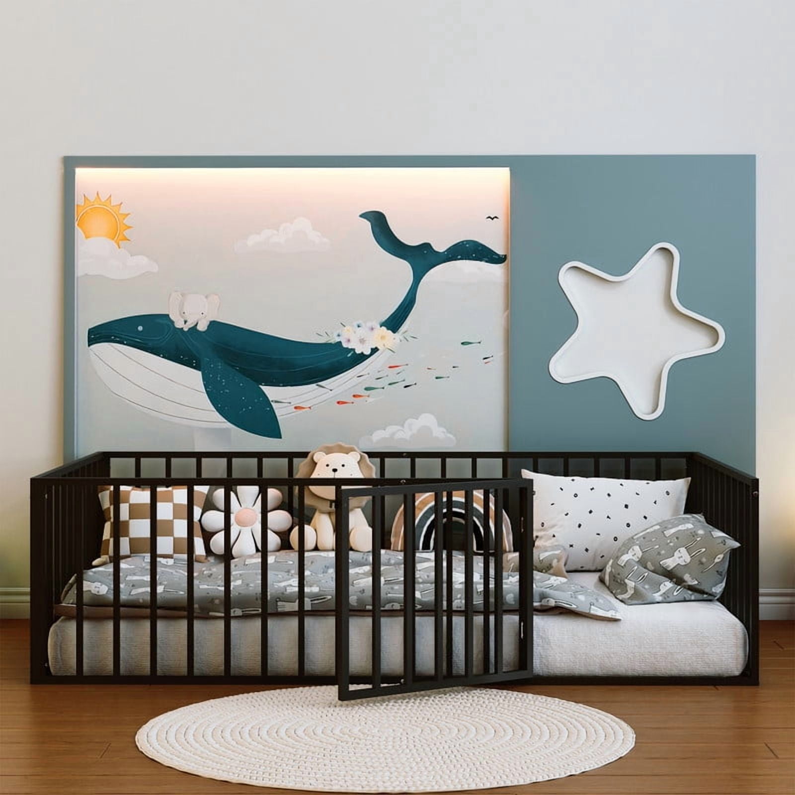 avobird Twin Size Montessori Floor Bed for Kids with Fence & Door, Heavy-Duty Metal Frame, Low-Profile Guardrails, Safe Play-Sleep Zone, No Box Spring Needed, Black