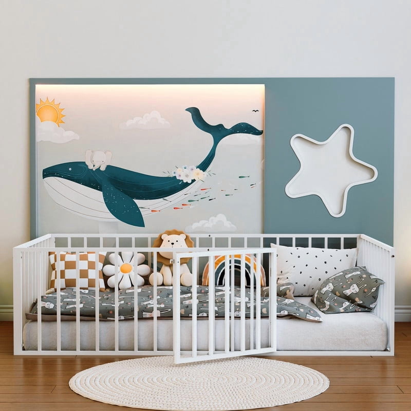 avobird Twin Size Montessori Floor Bed for Kids with Fence & Door, Heavy-Duty Metal Frame, Low-Profile Guardrails, Safe Play-Sleep Zone, No Box Spring Needed, White