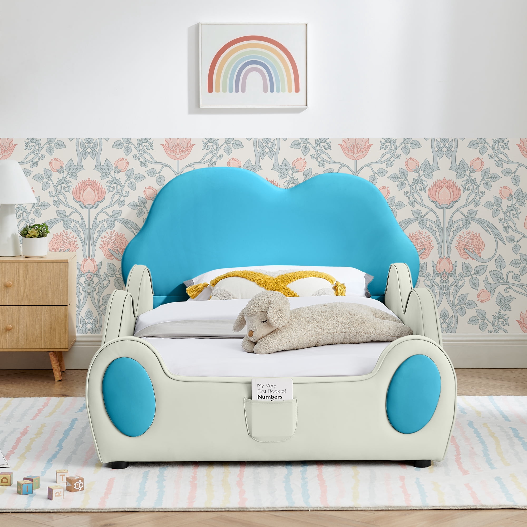 avobird Twin-Size PU Leather Children's Bed with Cute Cloud Design (with Guardrails), Safe & Cartoon Themed Kids Bed in Beige & Blue, Includes Storage Pocket