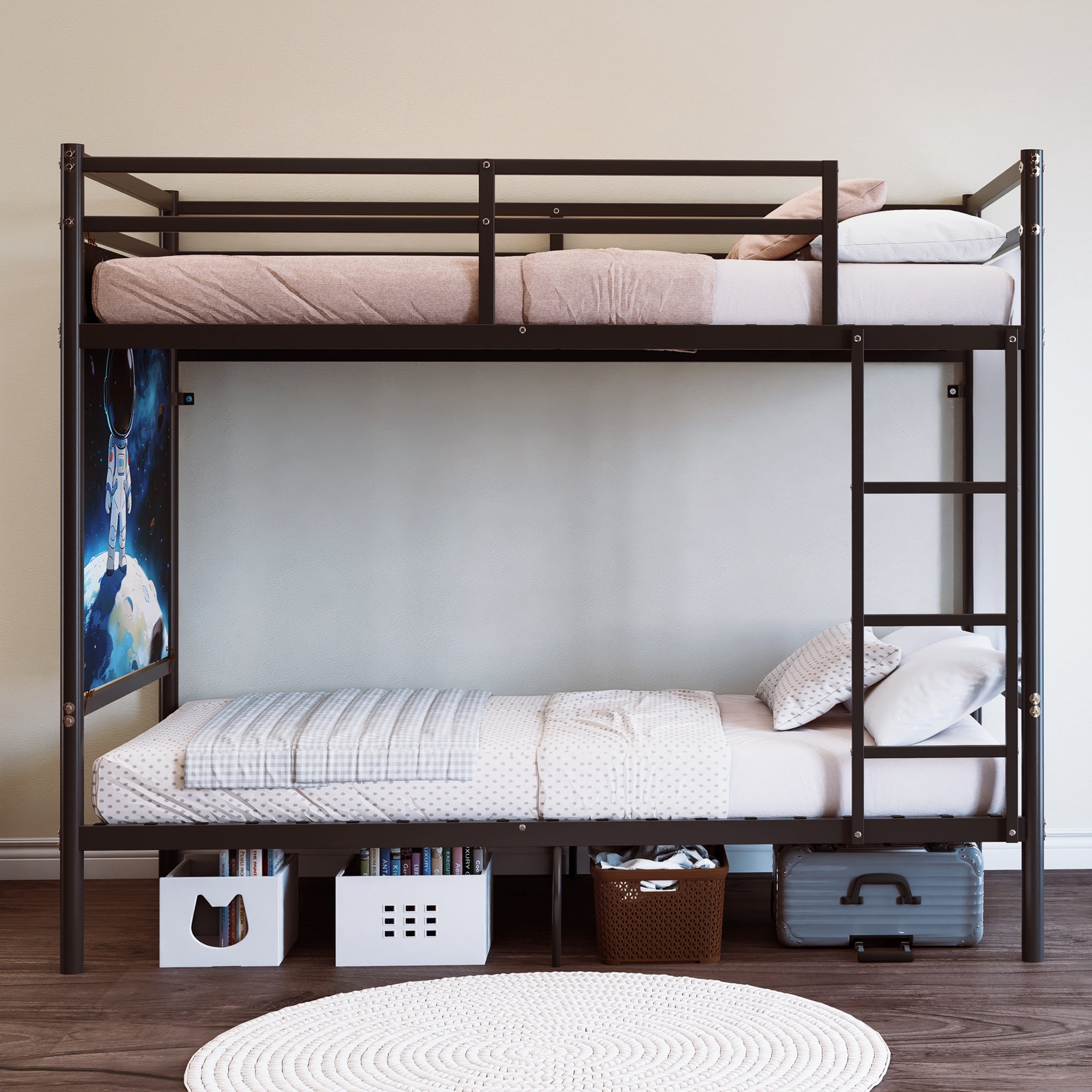 avobird Twin Over Twin Metal Bunk Bed with Ladder High Guardrails, Heavy Duty Iron Frame Noise-Free Design, Under Bed Storage, No Box Spring Needed, Posters Black