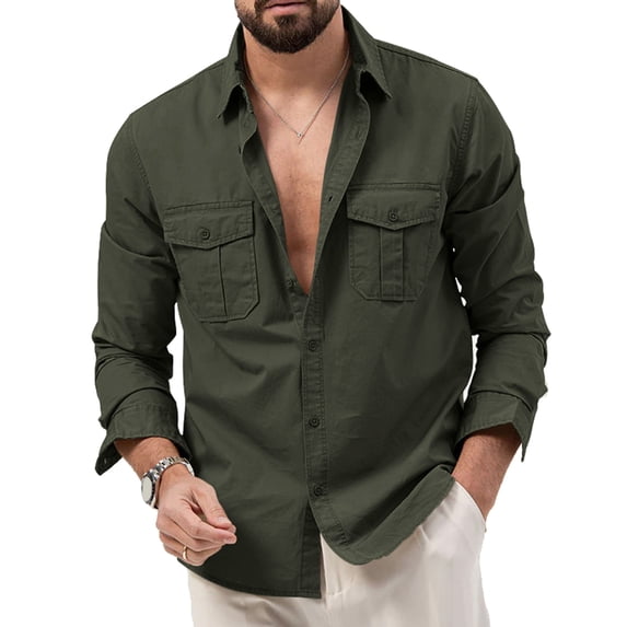 awjaisca Men Shirt Lapel Long Sleeve Buttons Placket Shirt Tops with Pockets Pure Color Loose Fit Versatile Tops Daily Wear