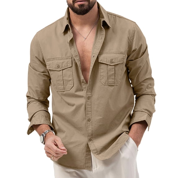 awjaisca Men Shirt Lapel Long Sleeve Buttons Placket Shirt Tops with Pockets Pure Color Loose Fit Versatile Tops Daily Wear