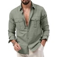 thumbnail image 1 of awjaisca Men Shirt Lapel Long Sleeve Buttons Placket Shirt Tops with Pockets Pure Color Loose Fit Versatile Tops Daily Wear, 1 of 8