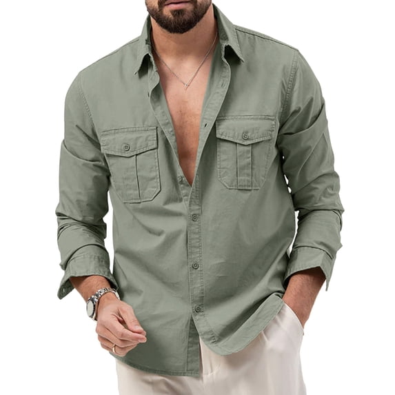awjaisca Men Shirt Lapel Long Sleeve Buttons Placket Shirt Tops with Pockets Pure Color Loose Fit Versatile Tops Daily Wear