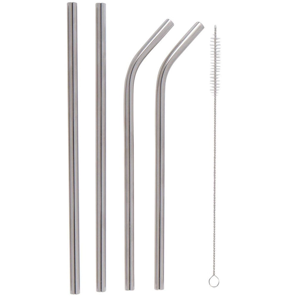 4pc Long Stainless Steel Reusable Tumbler Drink Cup Straw Set Metal Clean Brush