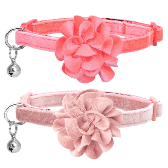 azuza 2 Pack Cat Collar Floral with Bell and Removable Flower Bowtie Breakaway Adjustable Velvet Fabric Cat Collar for Pets Holiday Party and Daily Decoration, Light Pink & Dark Pink