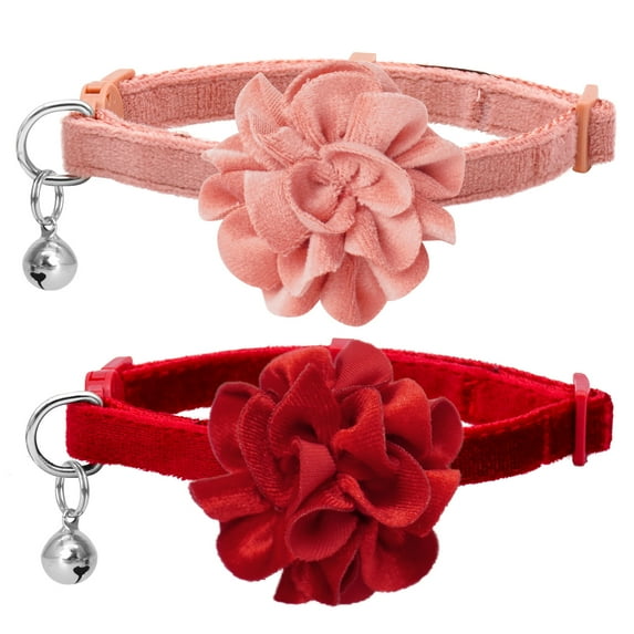 azuza 2 Pack Cat Collar Floral with Bell and Removable Flower Bowtie Breakaway Adjustable Velvet Fabric Cat Collar for Pets Holiday Party and Daily Decoration, Wine Red & Rose Pink